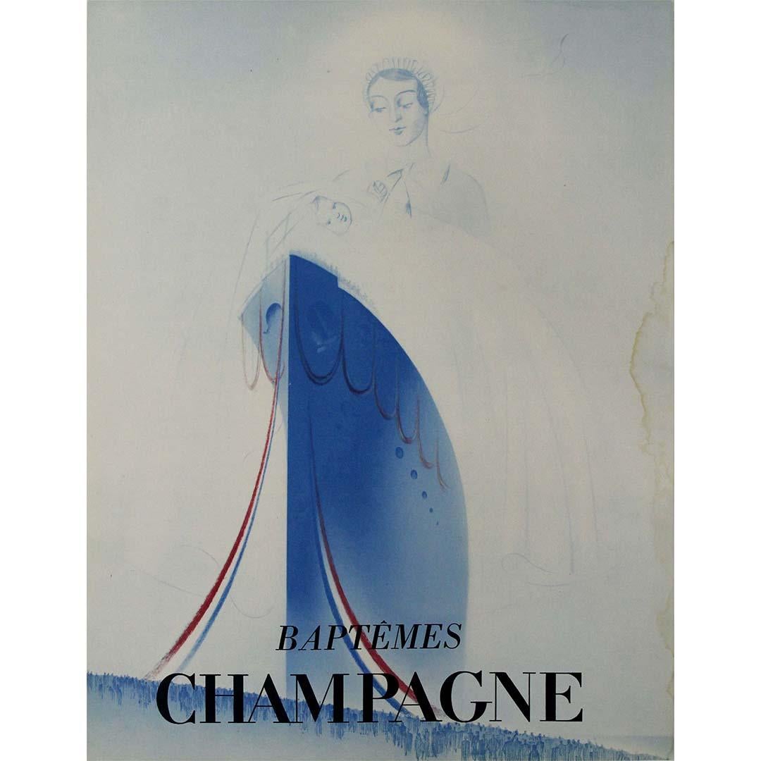 Das Originalplakat von Paul Iribe aus dem Jahr 1932 mit dem Titel "Baptêmes Champagne" spiegelt den Geist der Feier und des Luxus wider, der mit der Welt des Champagners verbunden ist. Dieses Plakat aus dem goldenen Zeitalter des Art déco ist ein
