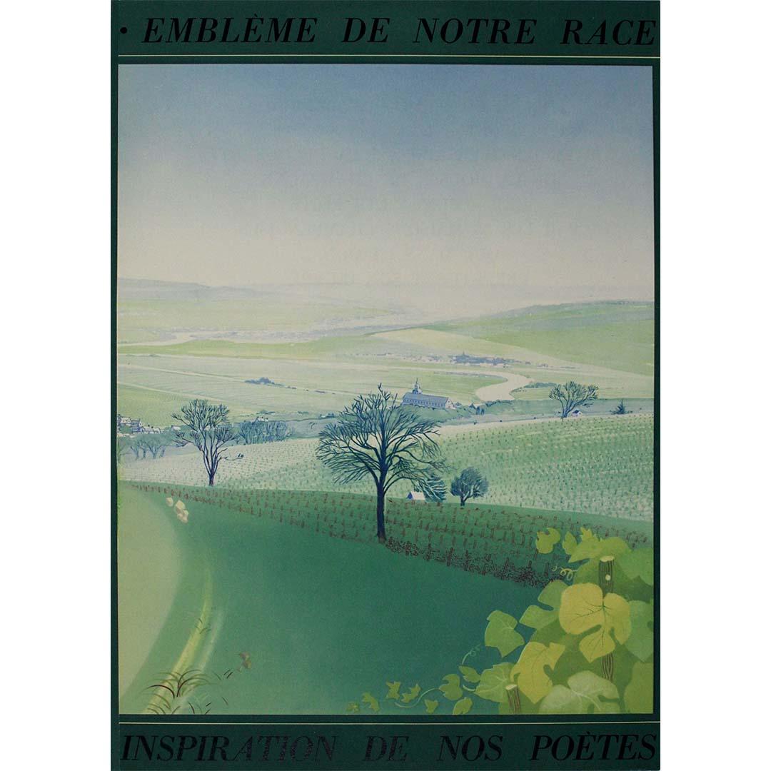 The 1932 original poster by Paul Iribe, titled "Emblême de notre race inspiration de nos poêtes - Champagne," is a captivating homage to the cultural heritage and artistic inspiration embodied by champagne. Created during the pinnacle of the Art