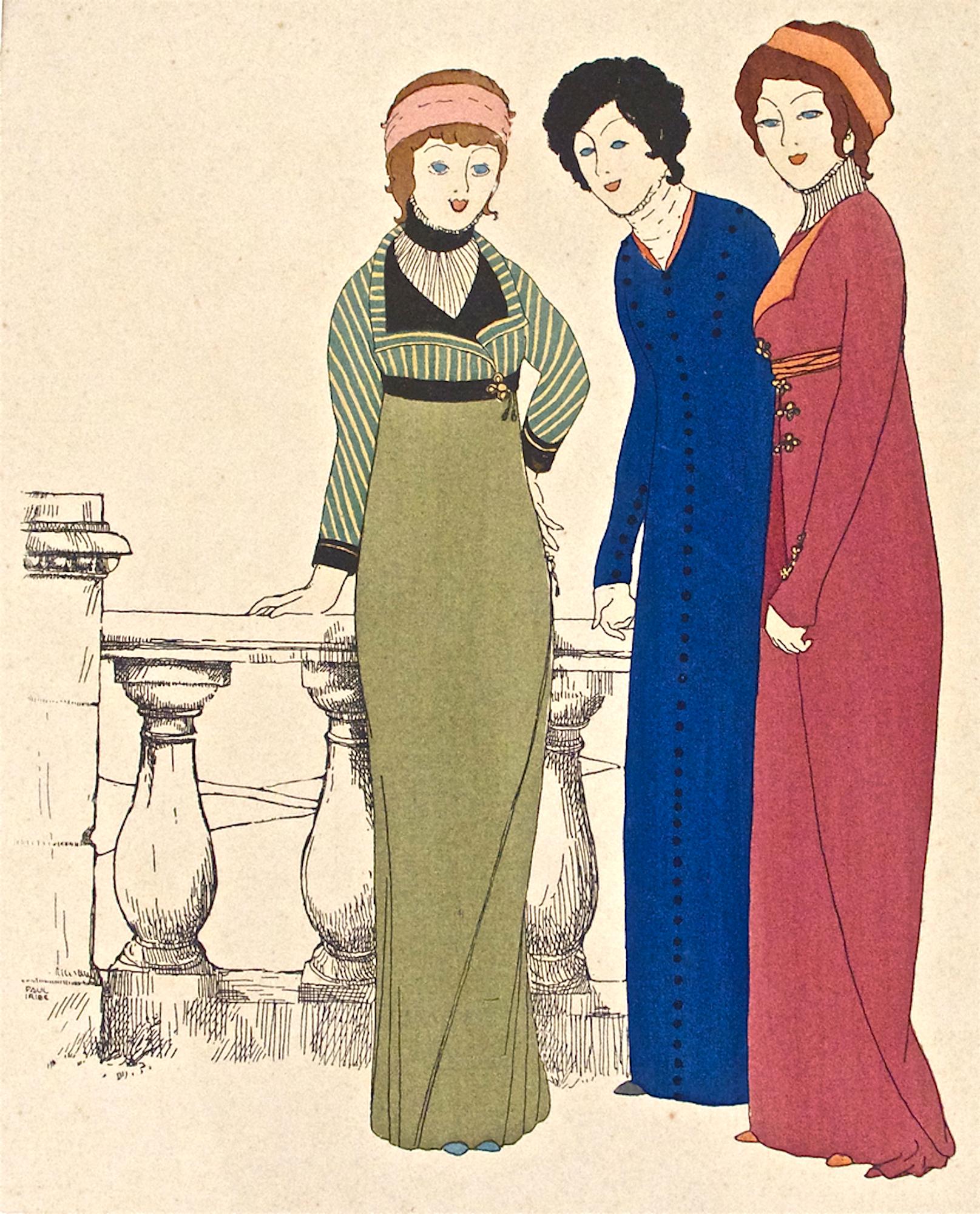 Pochoir.
Signed on plate.

One of the beautiful illustrations realized by Paul Iribe for "Les Robes de Paul Poiret" in 1908. 
