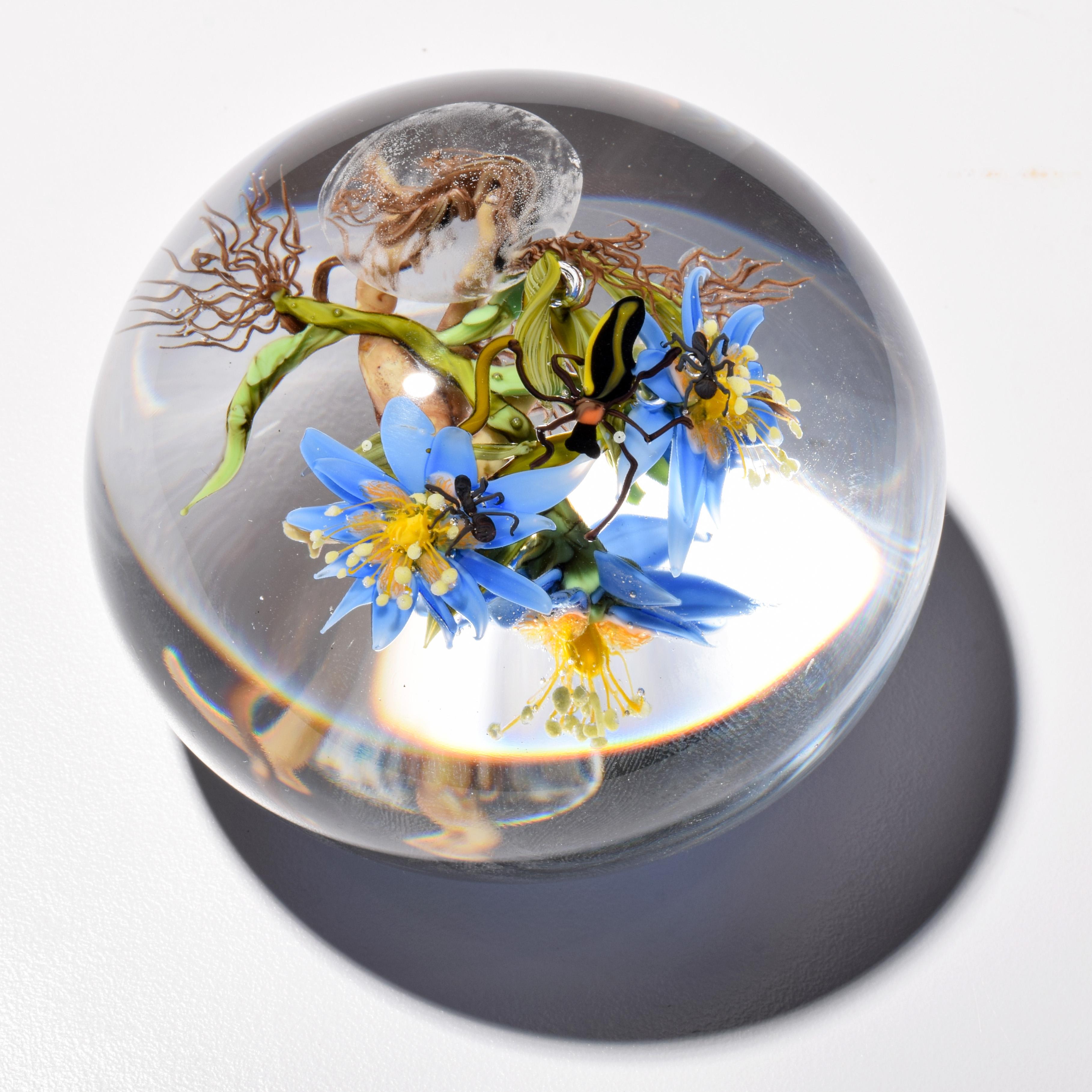 Glass Paul J. Stankard Floral, Orb & Root Person Oblate Paperweight