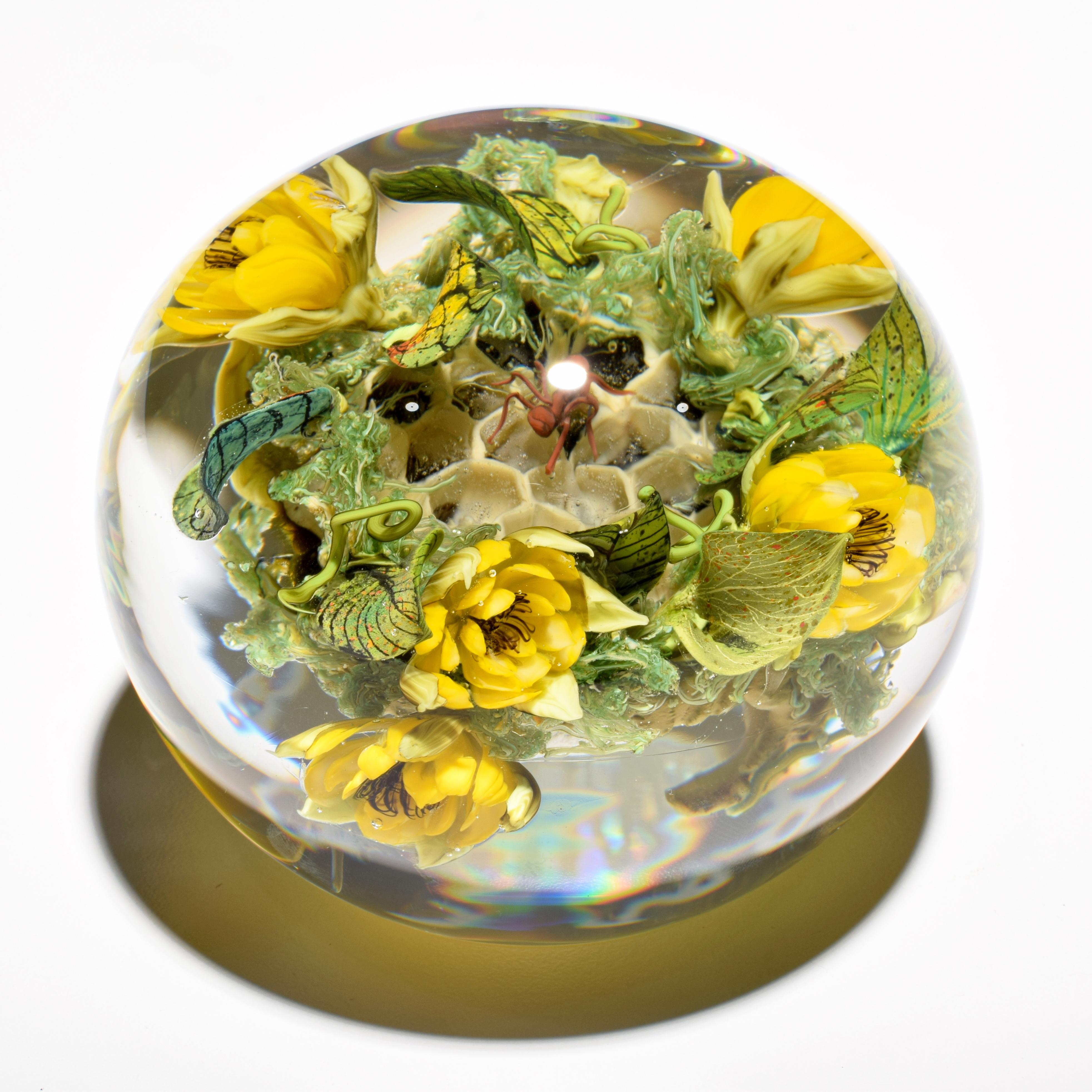American Paul J. Stankard Honeycomb, Flowers & Mask Oblate Paperweight For Sale