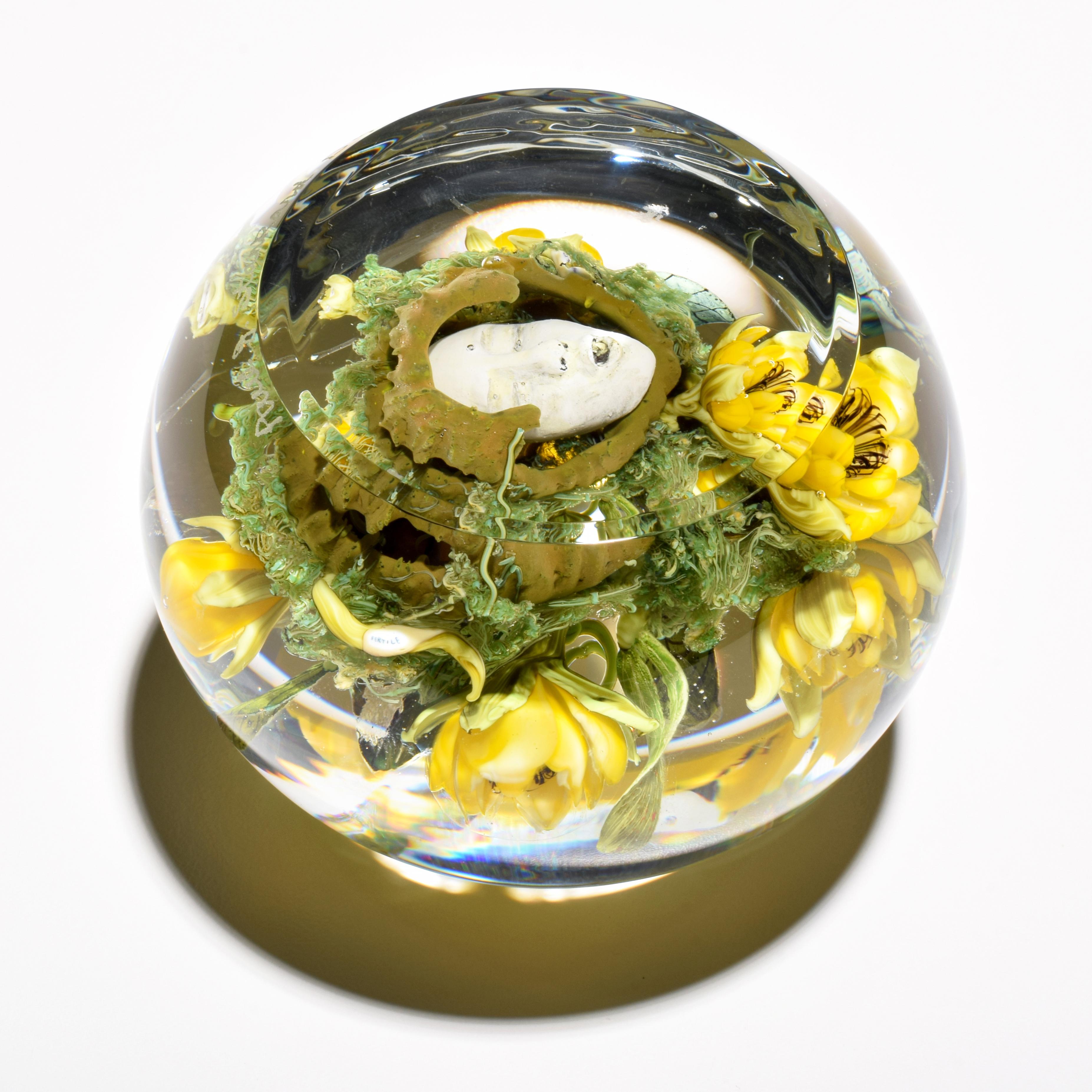 Glass Paul J. Stankard Honeycomb, Flowers & Mask Oblate Paperweight For Sale