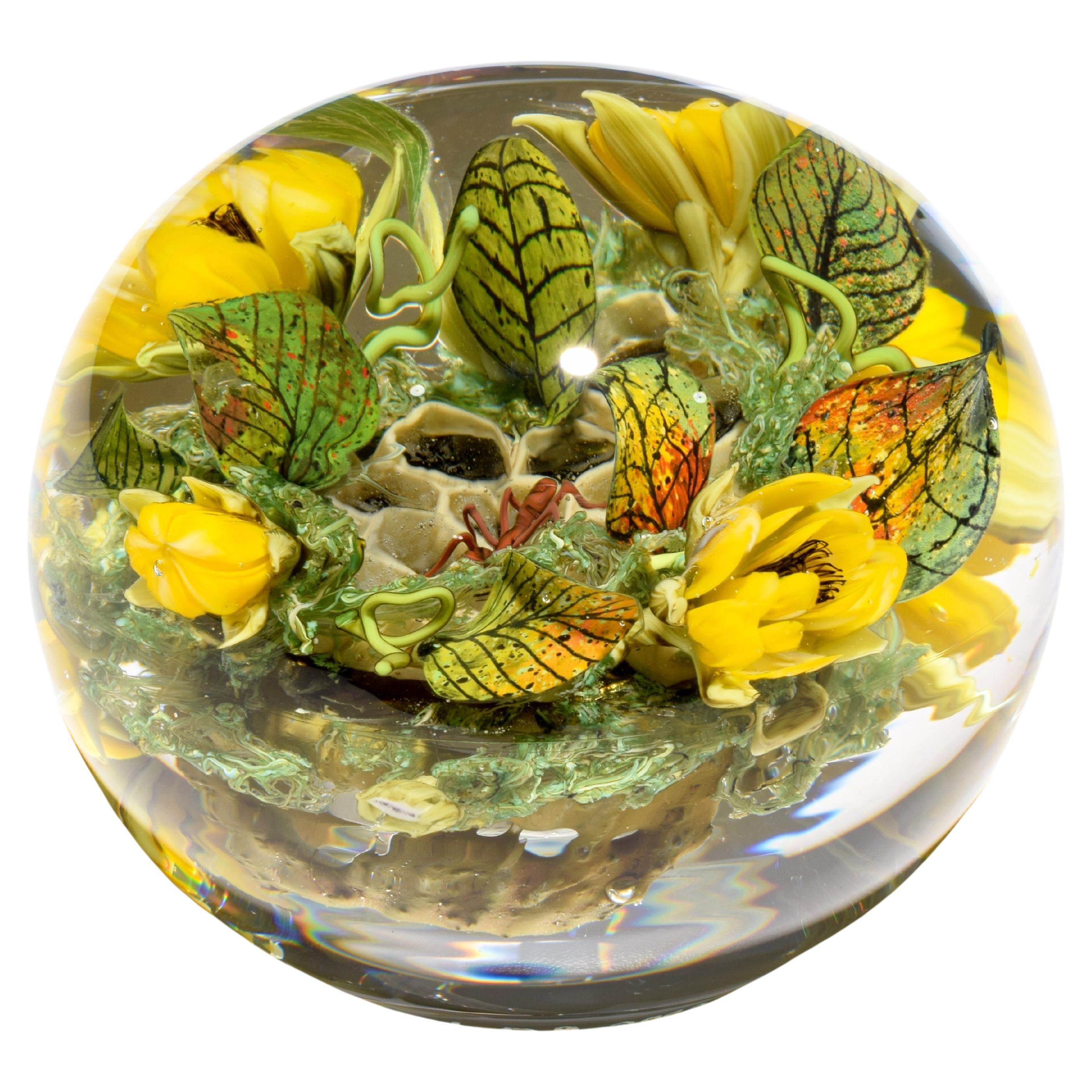 Paul J. Stankard Honeycomb, Flowers & Mask Oblate Paperweight