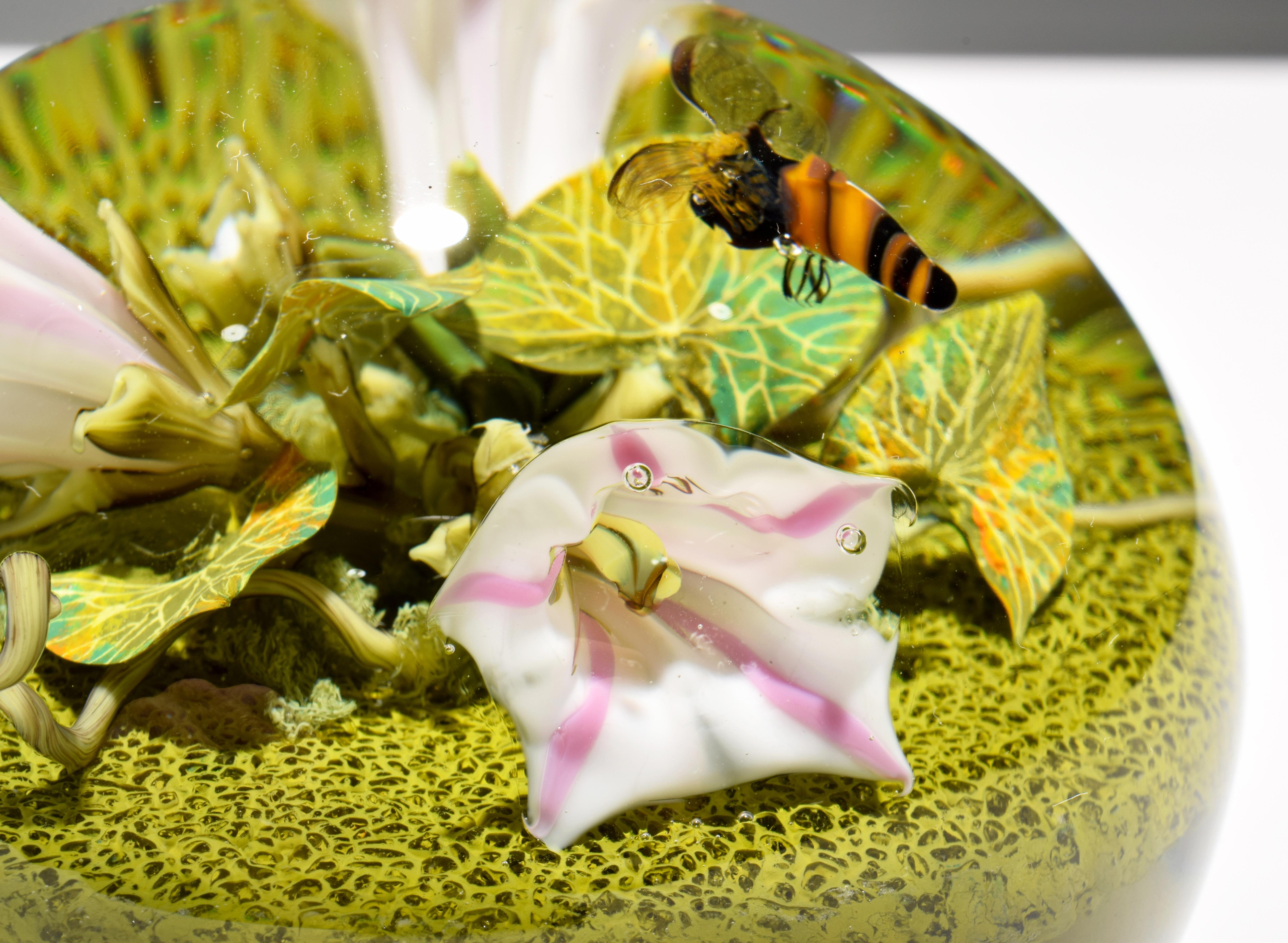 American Paul J. Stankard Morning Glories, Bee & Masks Oblate Paperweight For Sale