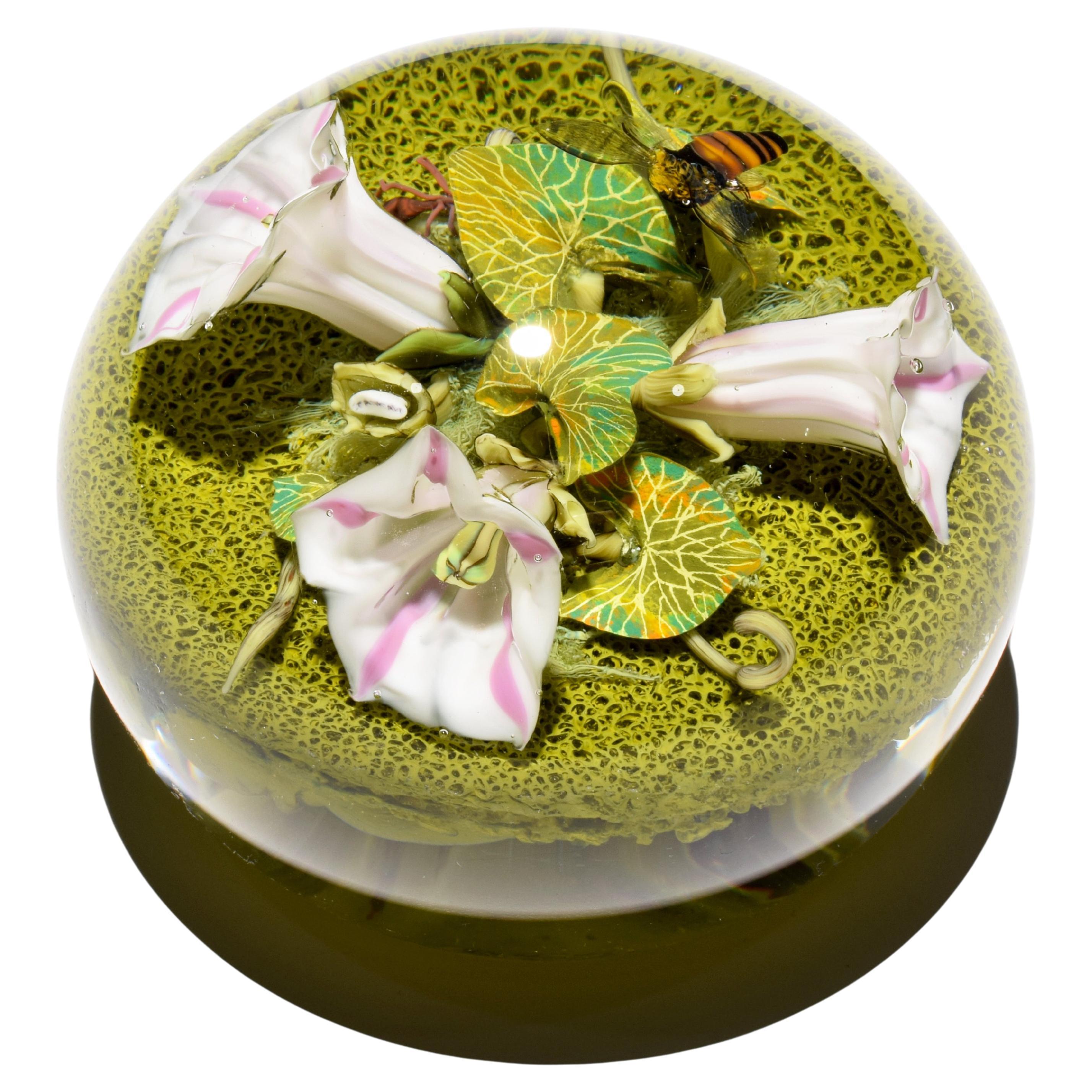 Paul J. Stankard Morning Glories, Bee & Masks Oblate Paperweight For Sale