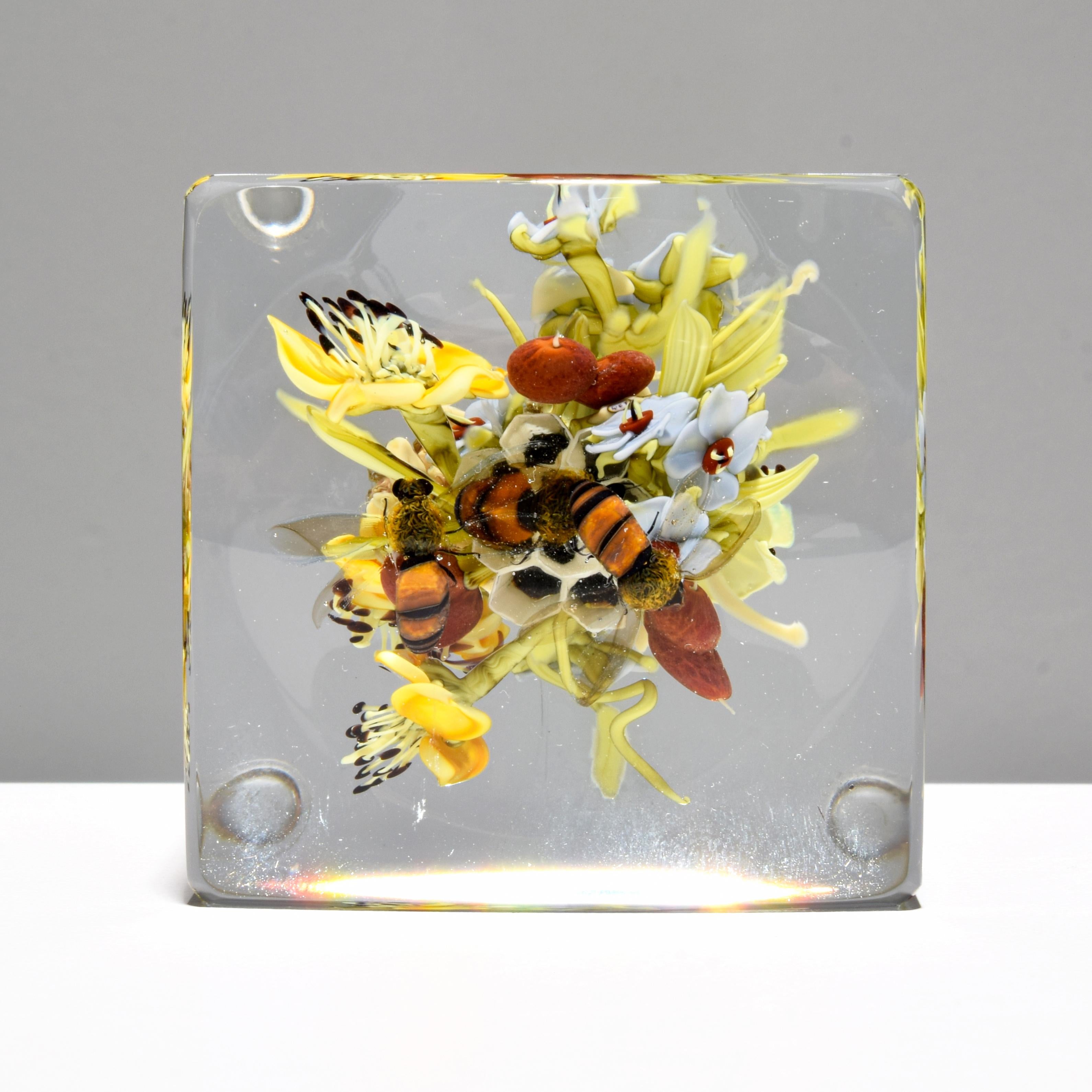 Glass Paul J. Stankard Upright Root People/Bees Paperweight For Sale