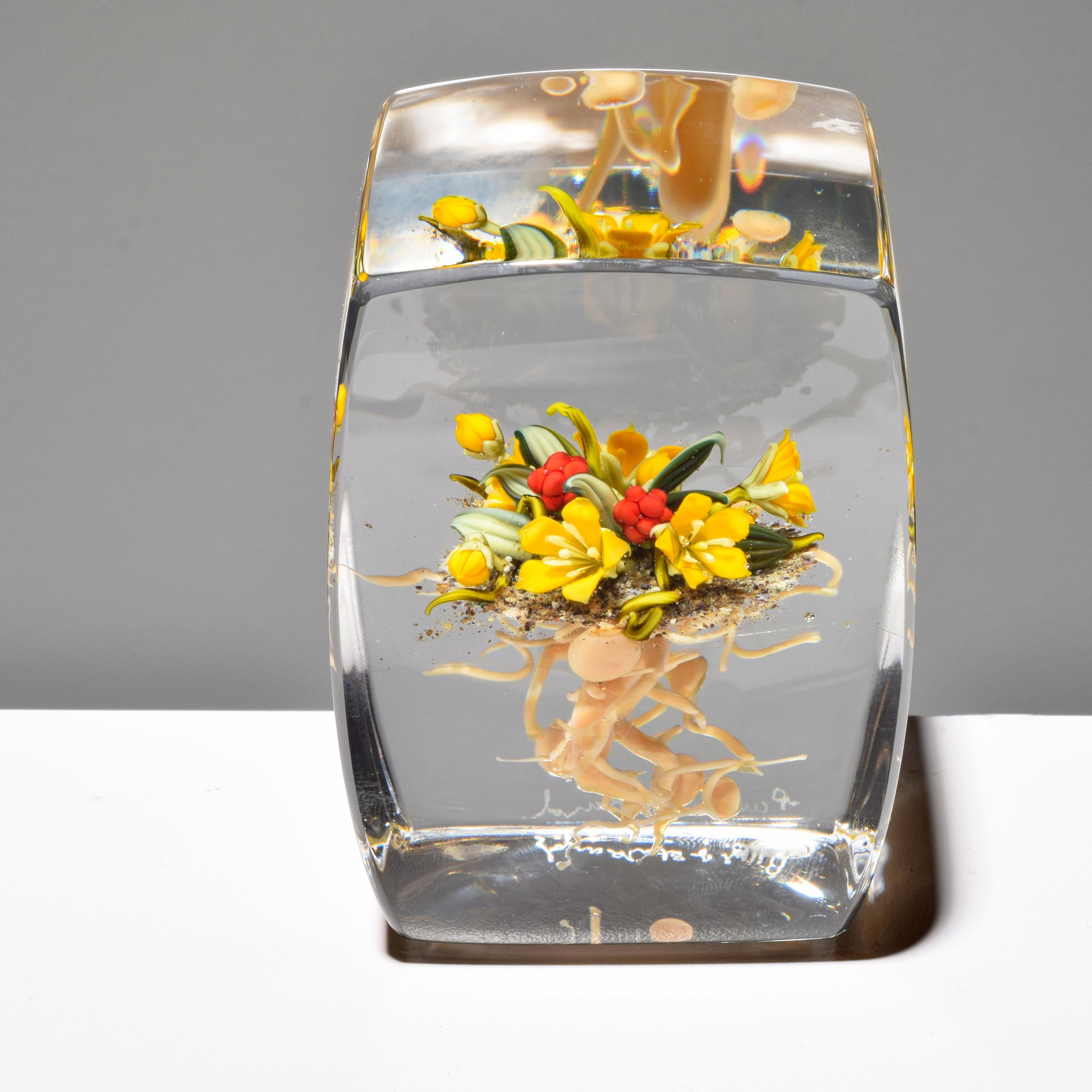 American Paul J. Stankard Yellow Flowers & Root Person Upright Paperweight For Sale