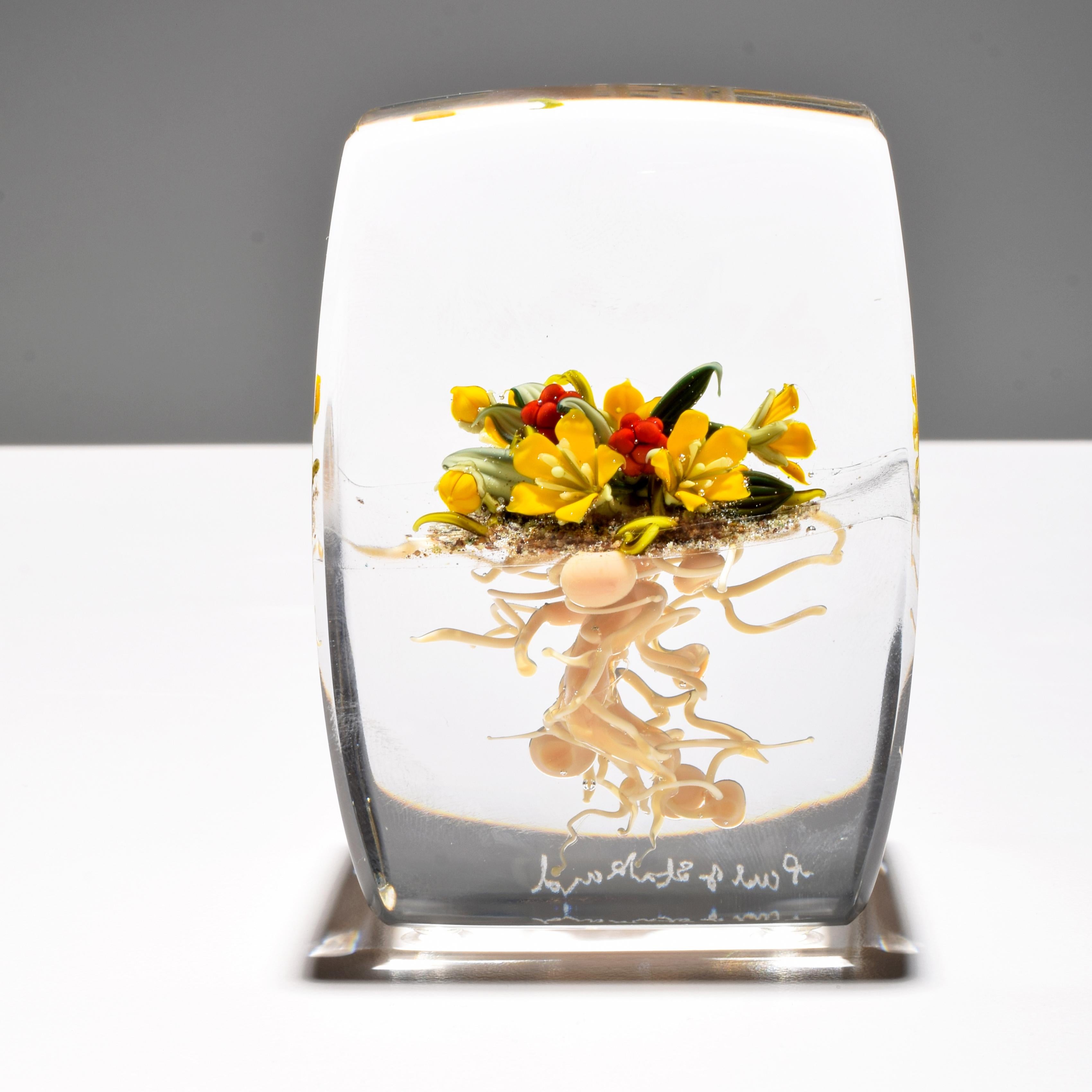 20th Century Paul J. Stankard Yellow Flowers & Root Person Upright Paperweight For Sale