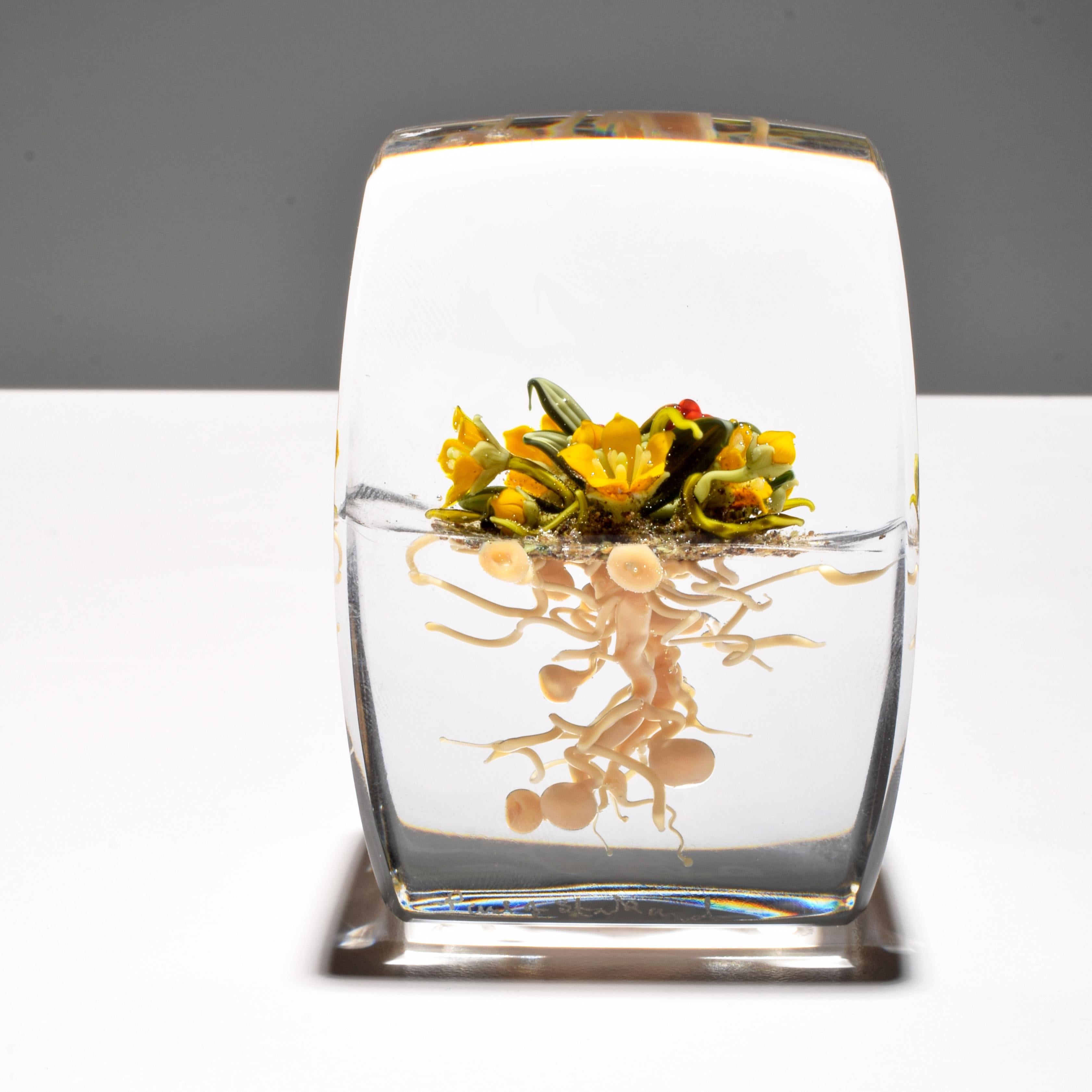 Paul J. Stankard Yellow Flowers & Root Person Upright Paperweight For Sale 2