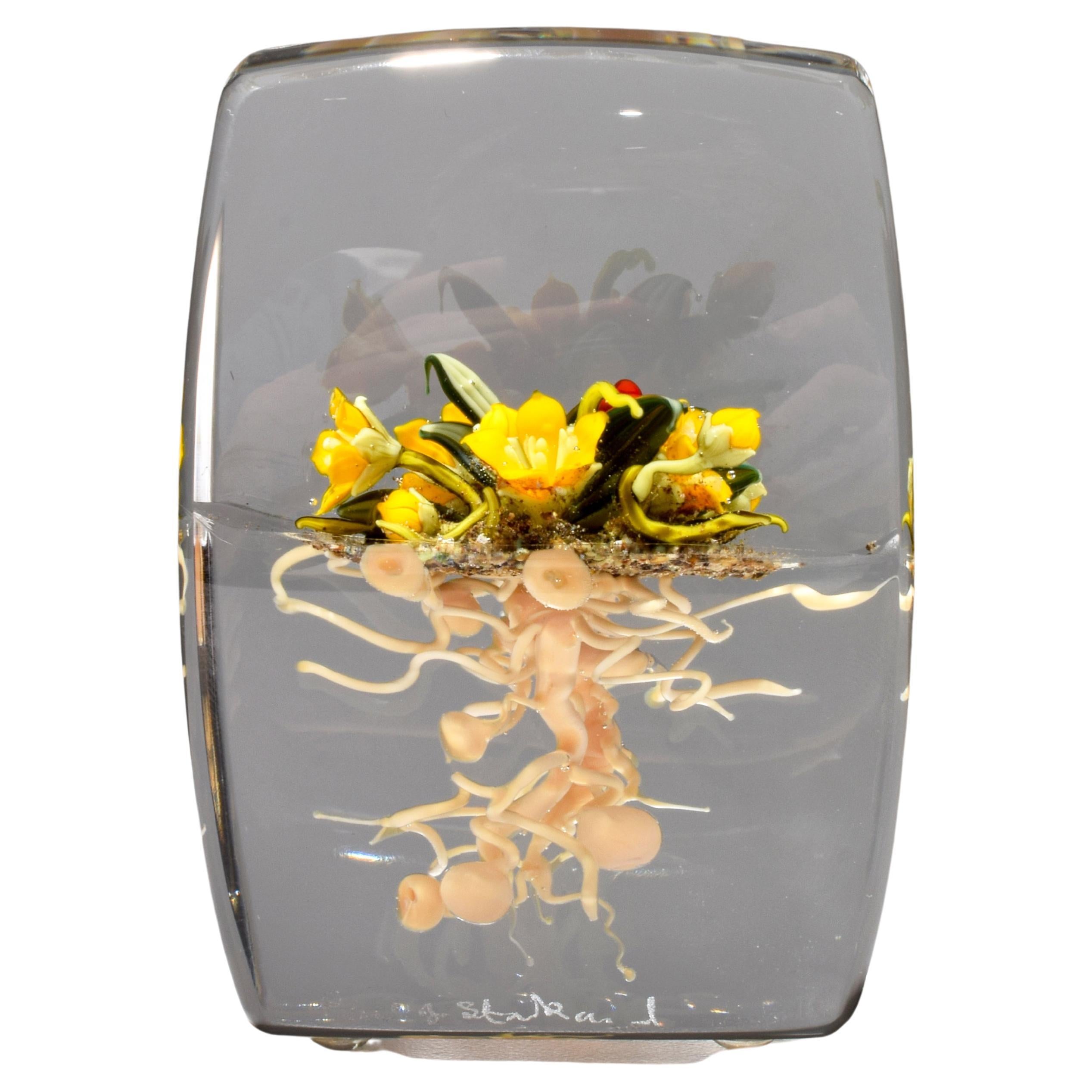 Paul J. Stankard Yellow Flowers & Root Person Upright Paperweight For Sale