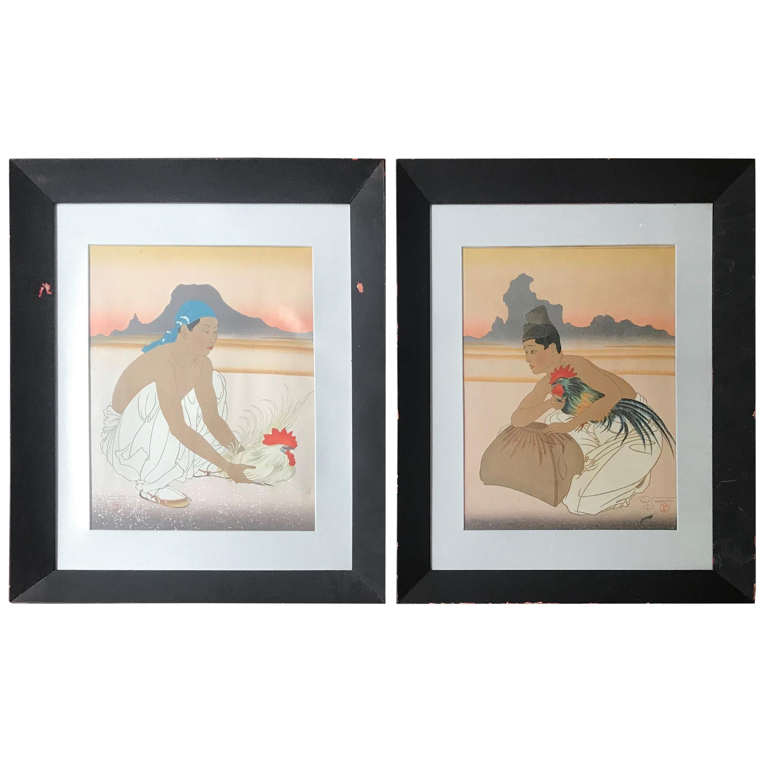 Paul Jacoulet, France. Le Deux Adversaires Woodcut in Color, 160/350 For Sale