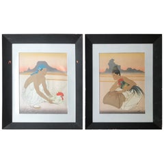 Paul Jacoulet, France. Le Deux Adversaires Woodcut in Color, 160/350