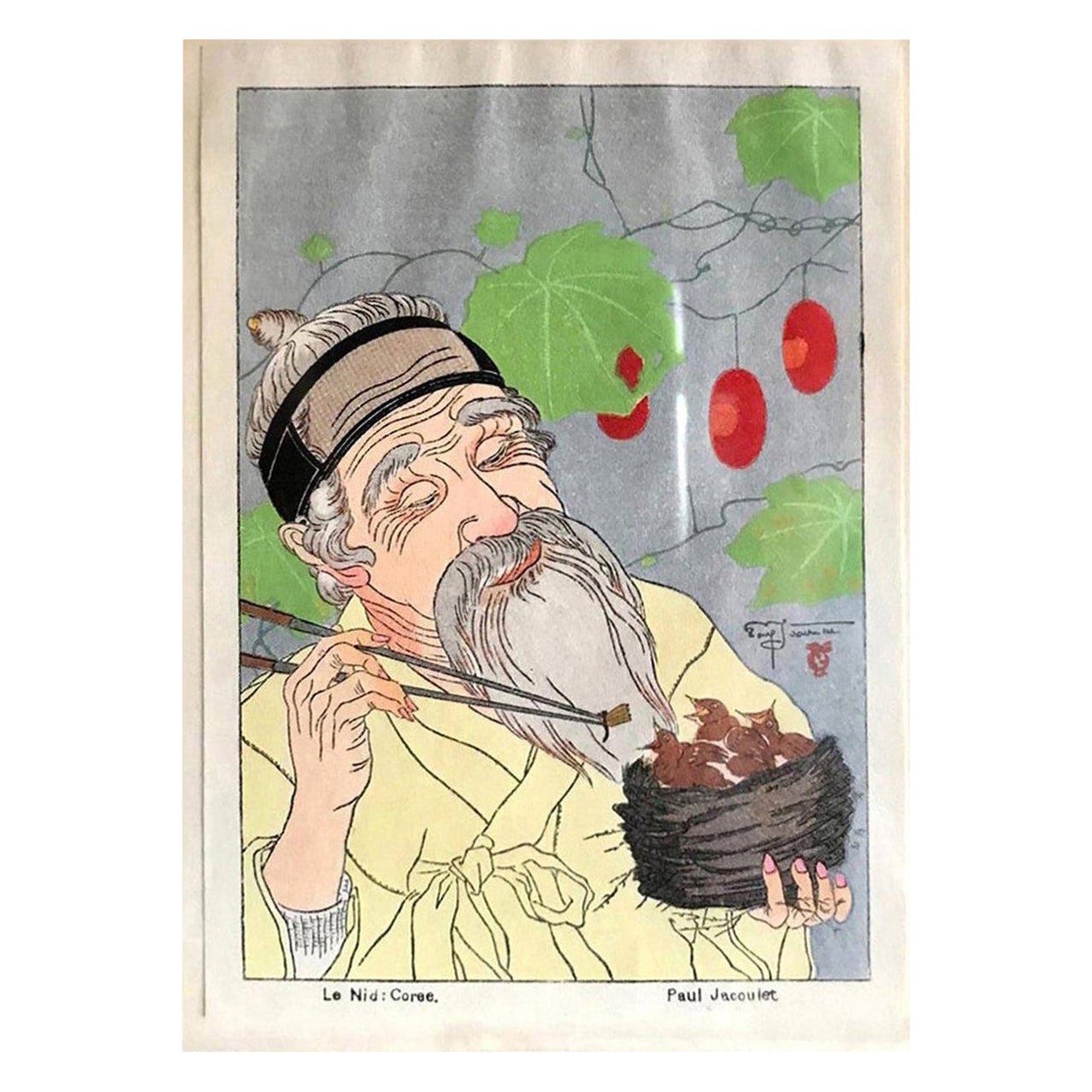Paul Jacoulet Grabado en madera japonesa Surimono Le Nid, Coree el Nido, Corea