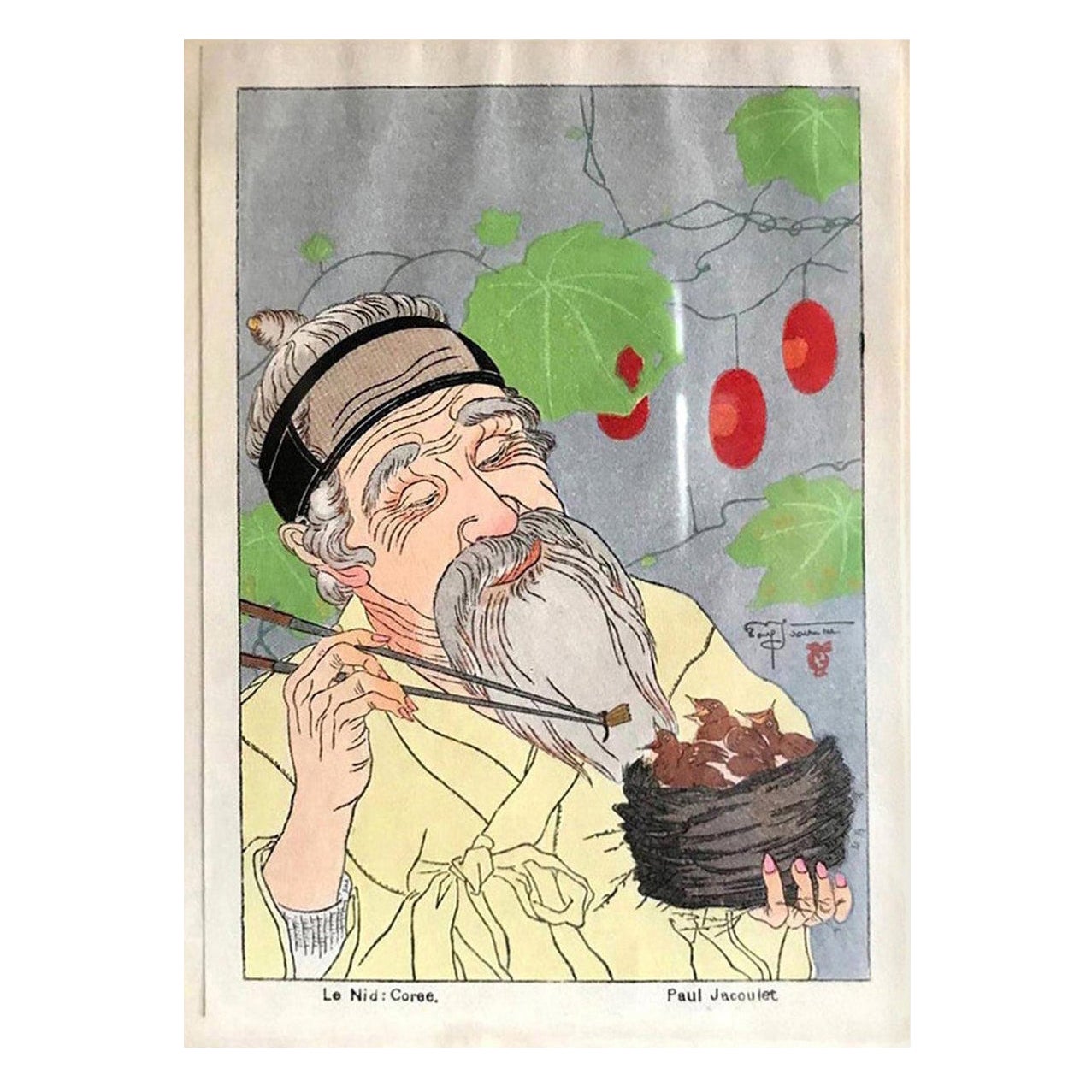 Paul Jacoulet Japanese Surimono Woodblock Print Le Nid, Coree the Nest, Korea