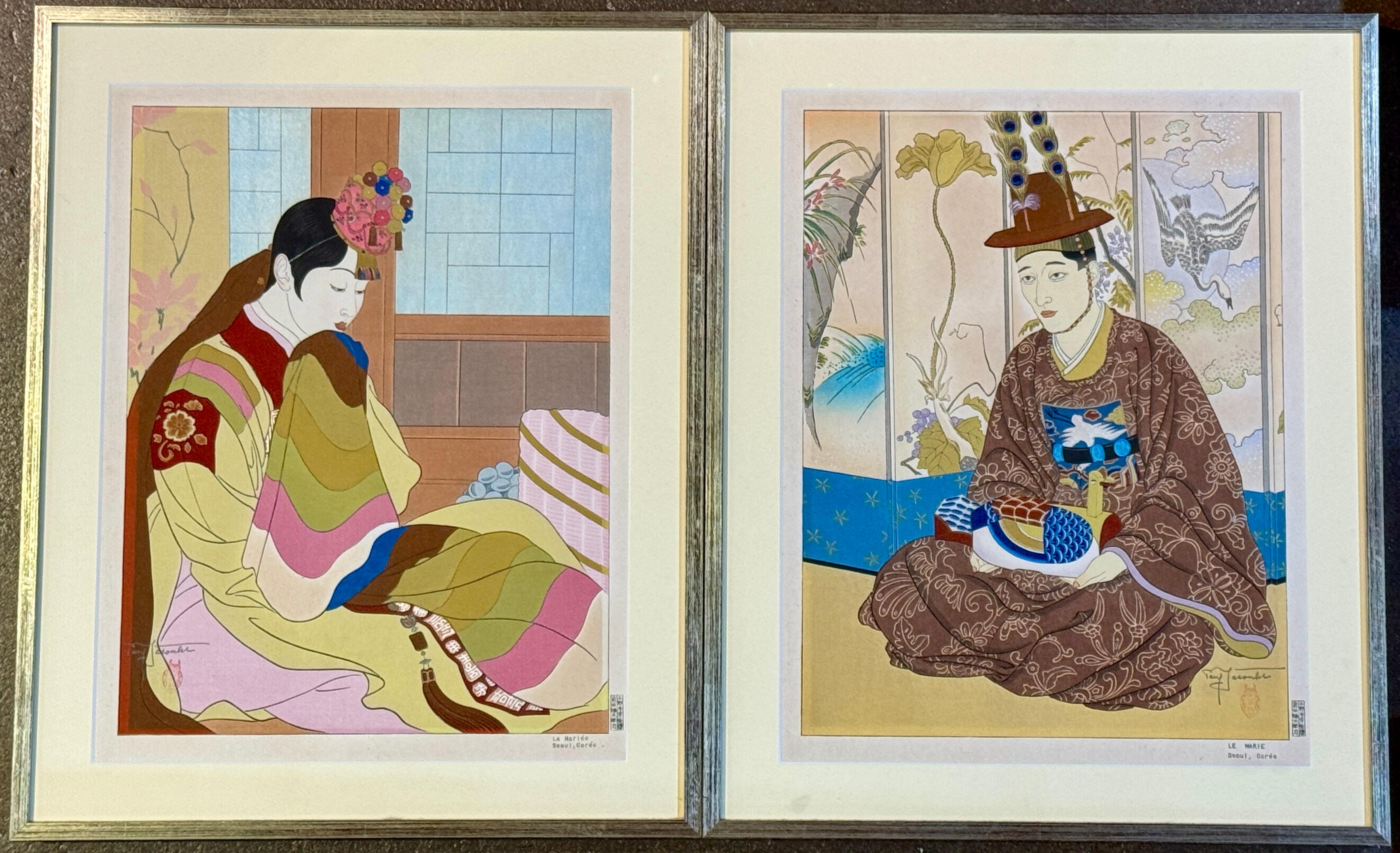 Fantástica e icónica pareja de xilografías de Paul Jacoulet (1906 - 1960) de mediados de siglo 