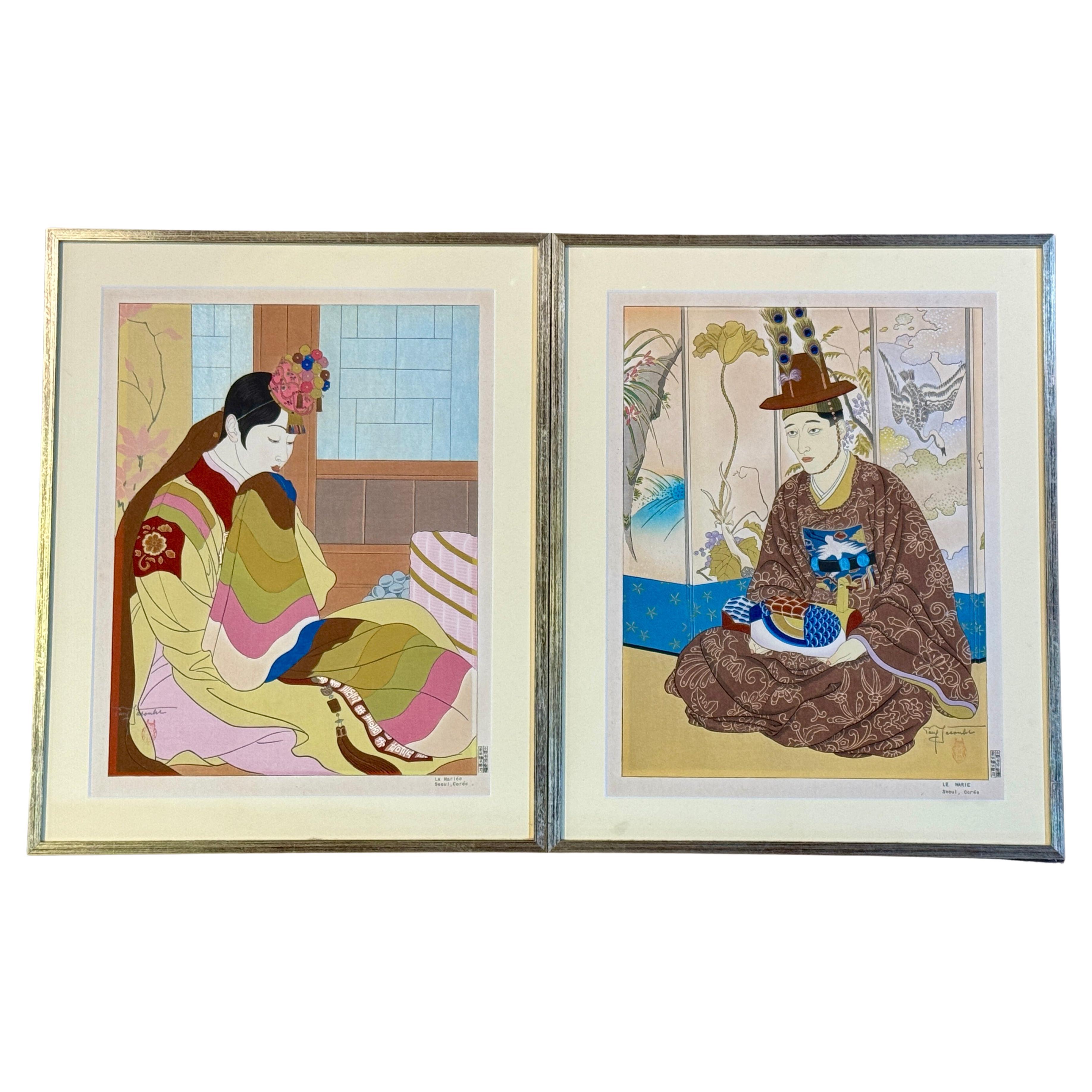 Paul Jacoulet, La Mariee (1948) and Le Marie (1950), Framed Woodblock Prints