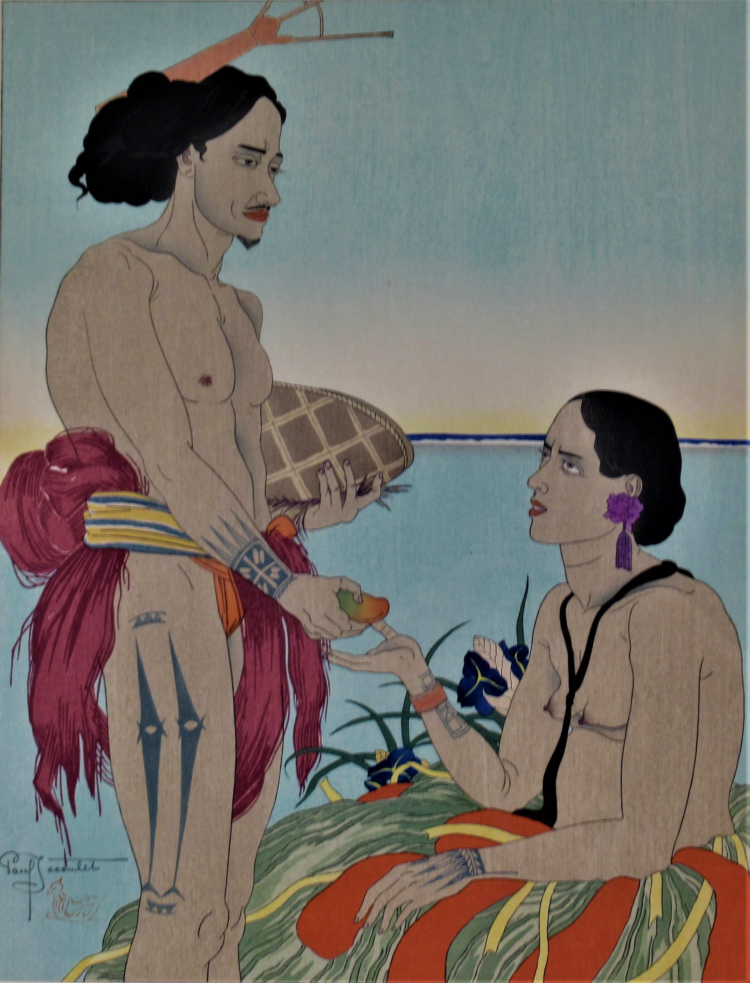 Amoureux a Tarang, Yap, Ouest Carolines (Lovers of Tarang, Yap, West Carolines) - Print by Paul Jacoulet