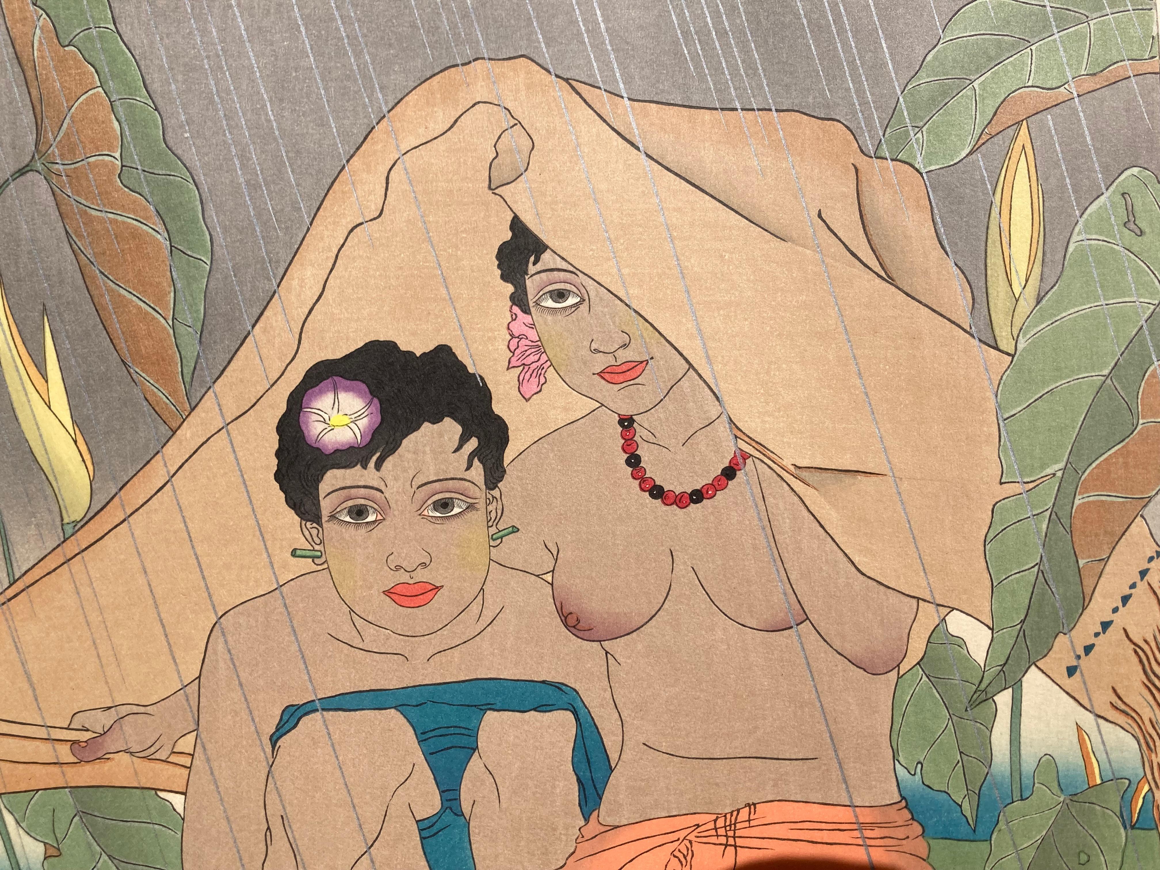 EARLY JACOULET - A DOWNPOUR AT METALANIM PONOPE EAST CAROLINAS - Print by Paul Jacoulet