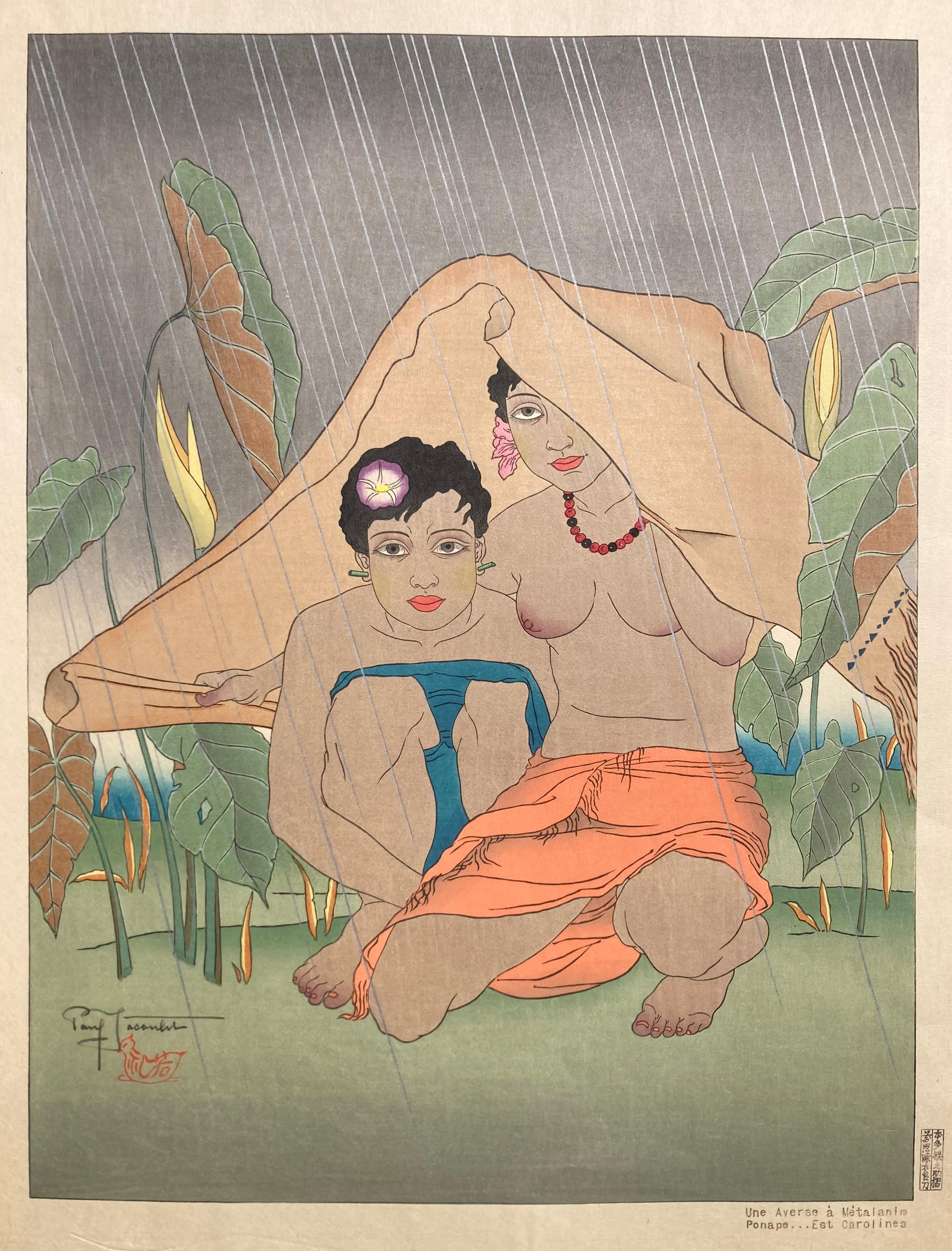 Paul Jacoulet Figurative Print - EARLY JACOULET - A DOWNPOUR AT METALANIM PONOPE EAST CAROLINAS