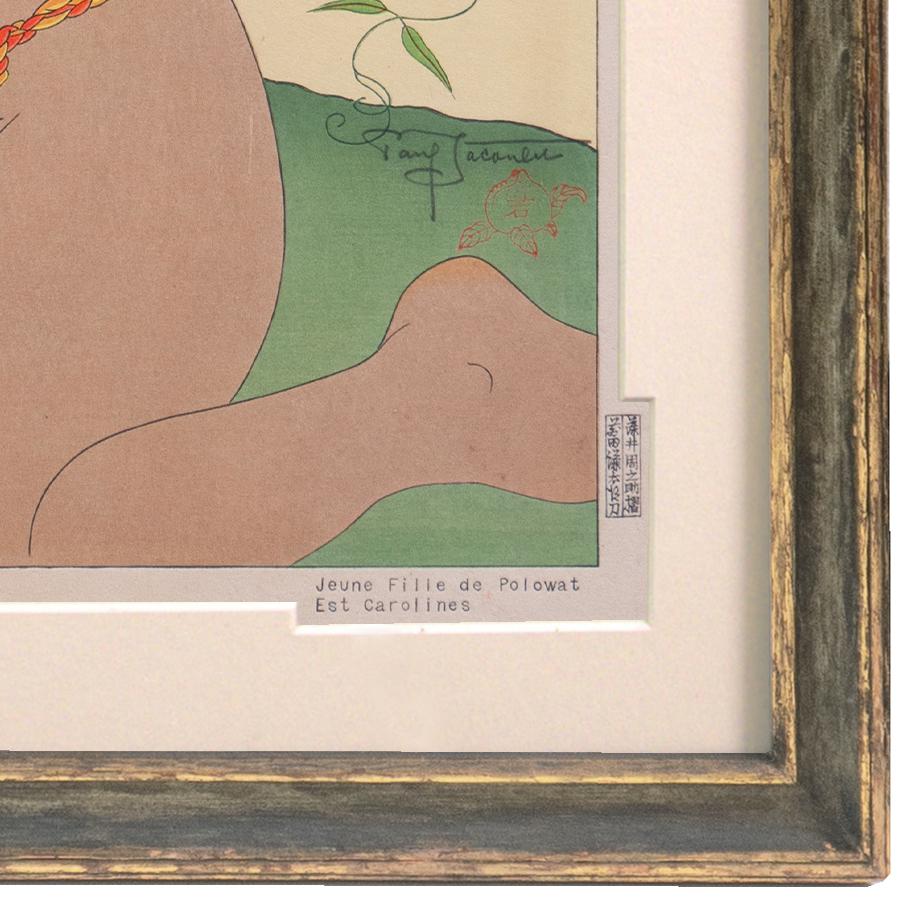 Signed lower right in pencil, 'Paul Jacoulet' (French-Japanese, 1902-1960) and stamped with peach seal; titled, lower right margin, 'Jeune Fille de Polowat. Est Carolines' (Young girl of Palowat. East Carolines), with seals of the carver, Kentaro