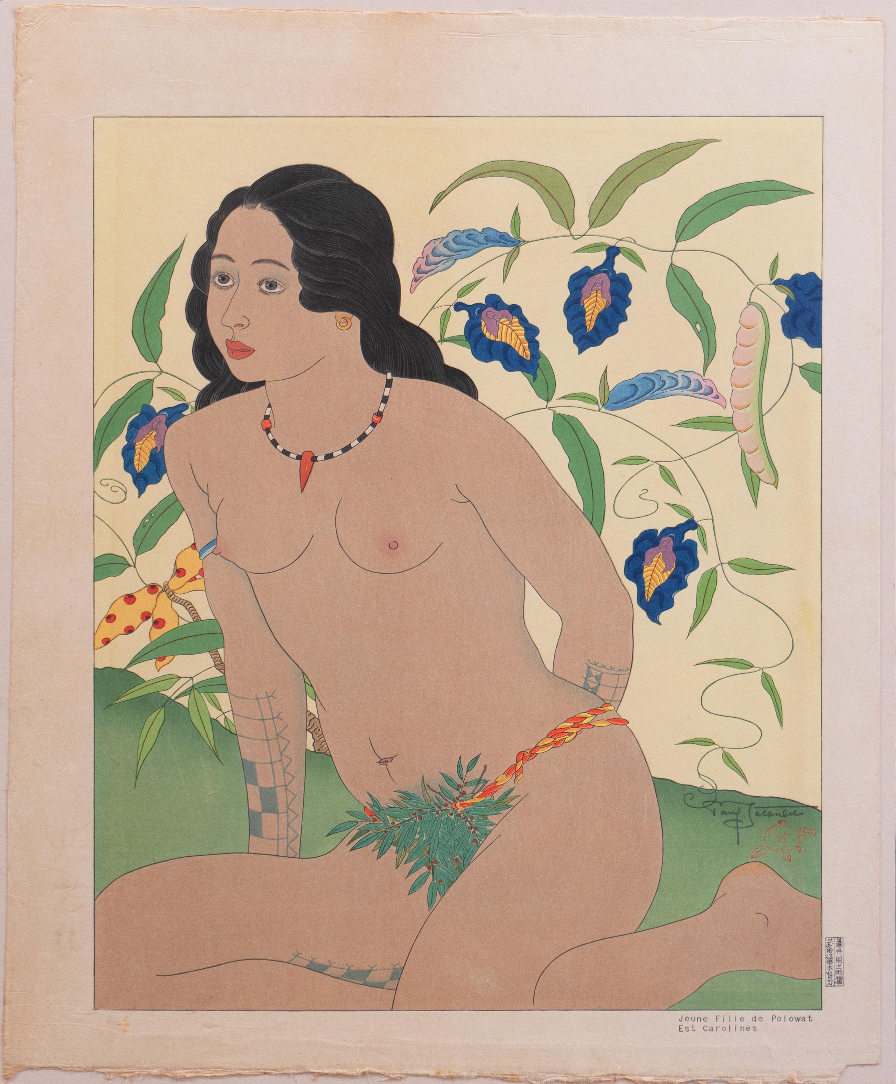 'Jeune Fille de Polowat', Tokyo, Garbo, Queen Elizabeth II, Kyoto, Woodblock - Beige Nude Print by Paul Jacoulet