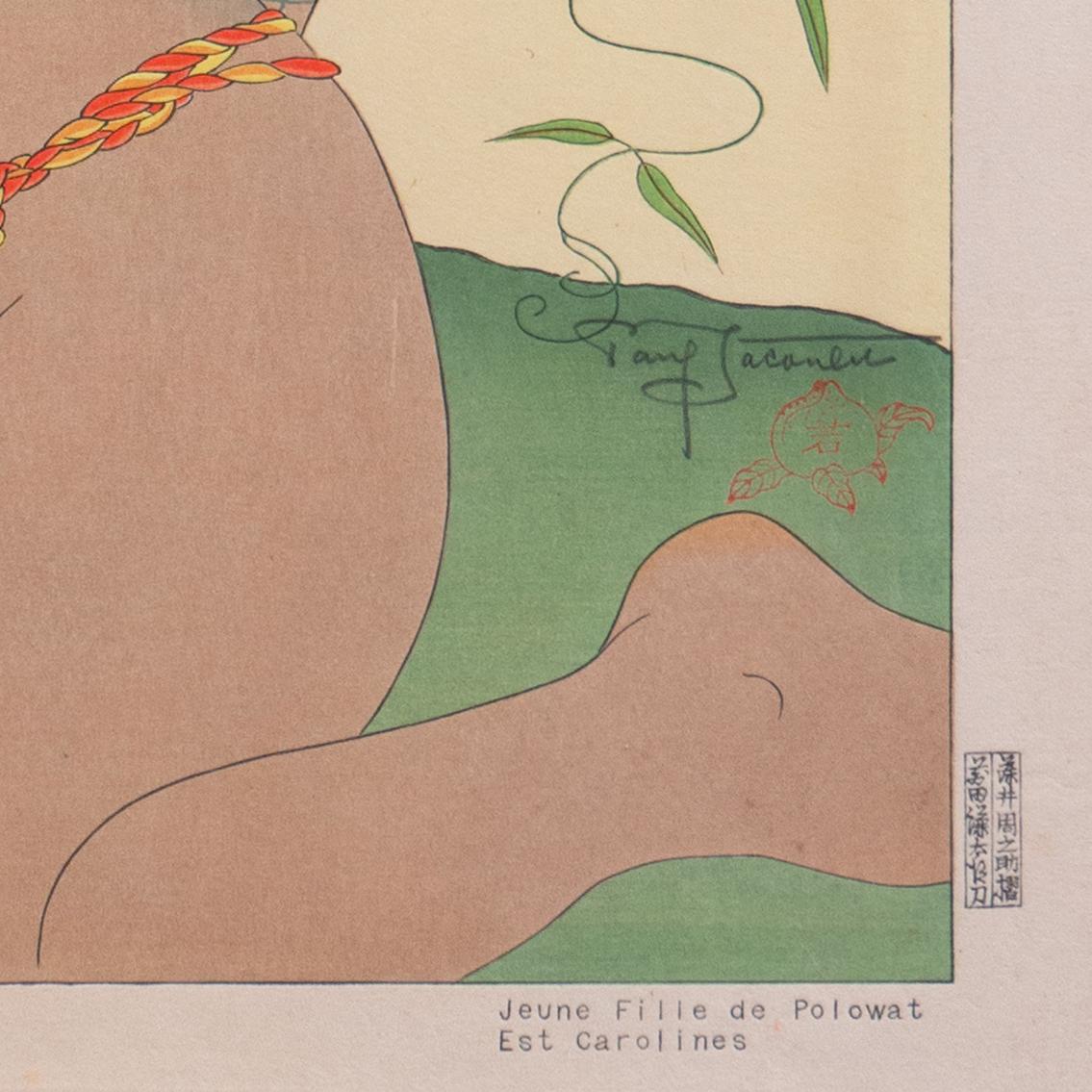 Signed lower right in pencil, 'Paul Jacoulet' (French-Japanese, 1902-1960) and stamped with peach seal; titled, lower right margin, 'Jeune Fille de Polowat. Est Carolines' (Young girl of Palowat. East Carolines), with seals of the carver, Kentaro