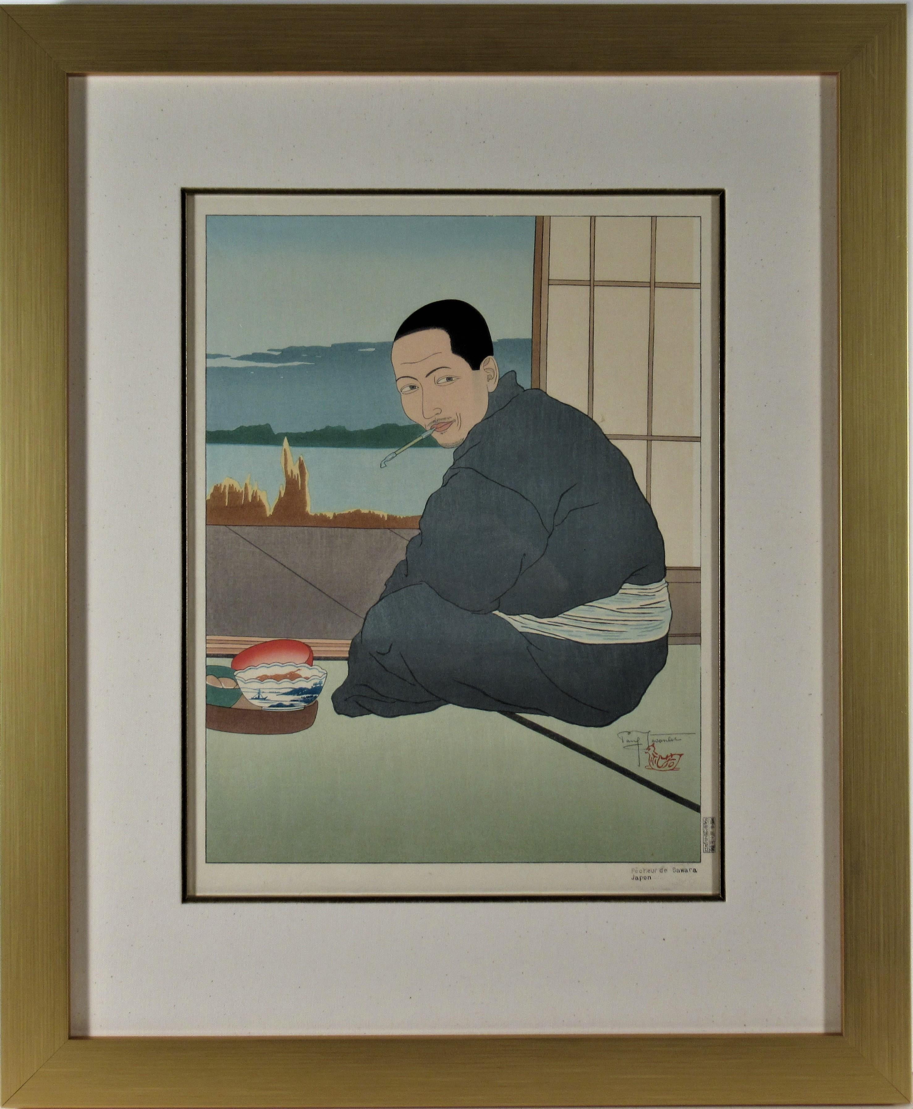 Paul Jacoulet Figurative Print – Pecheur de Sawara, Japan (Fisherman of Sawara, Japan)