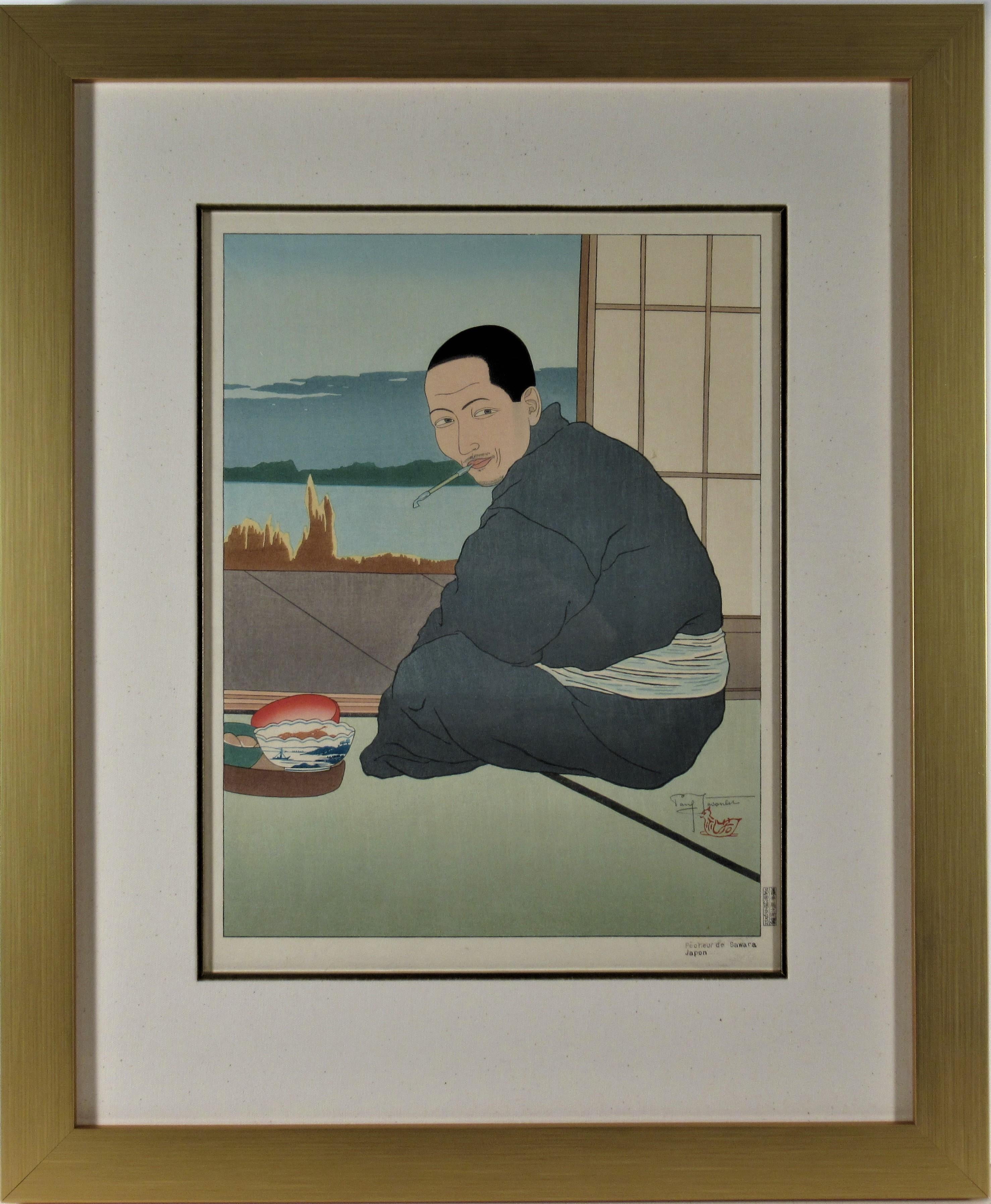 Figurative Print de Paul Jacoulet - Pecheur de Sawara, Japon (Pescador de Sawara, Japón)