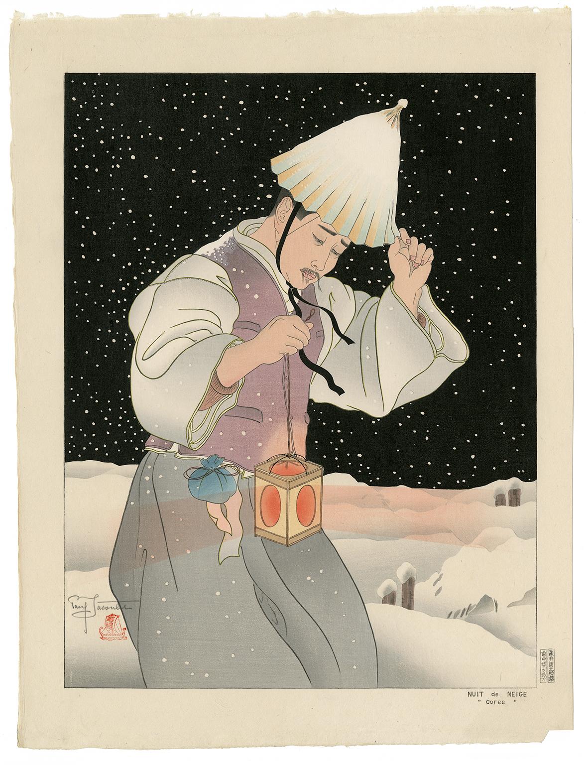 Paul Jacoulet Figurative Print - Snowy Night 'Korea' 