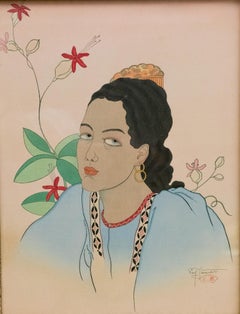 "Un Juenne Fille de Fiji" Portrait Beautiful Pacific Islander Woman and Flowers
