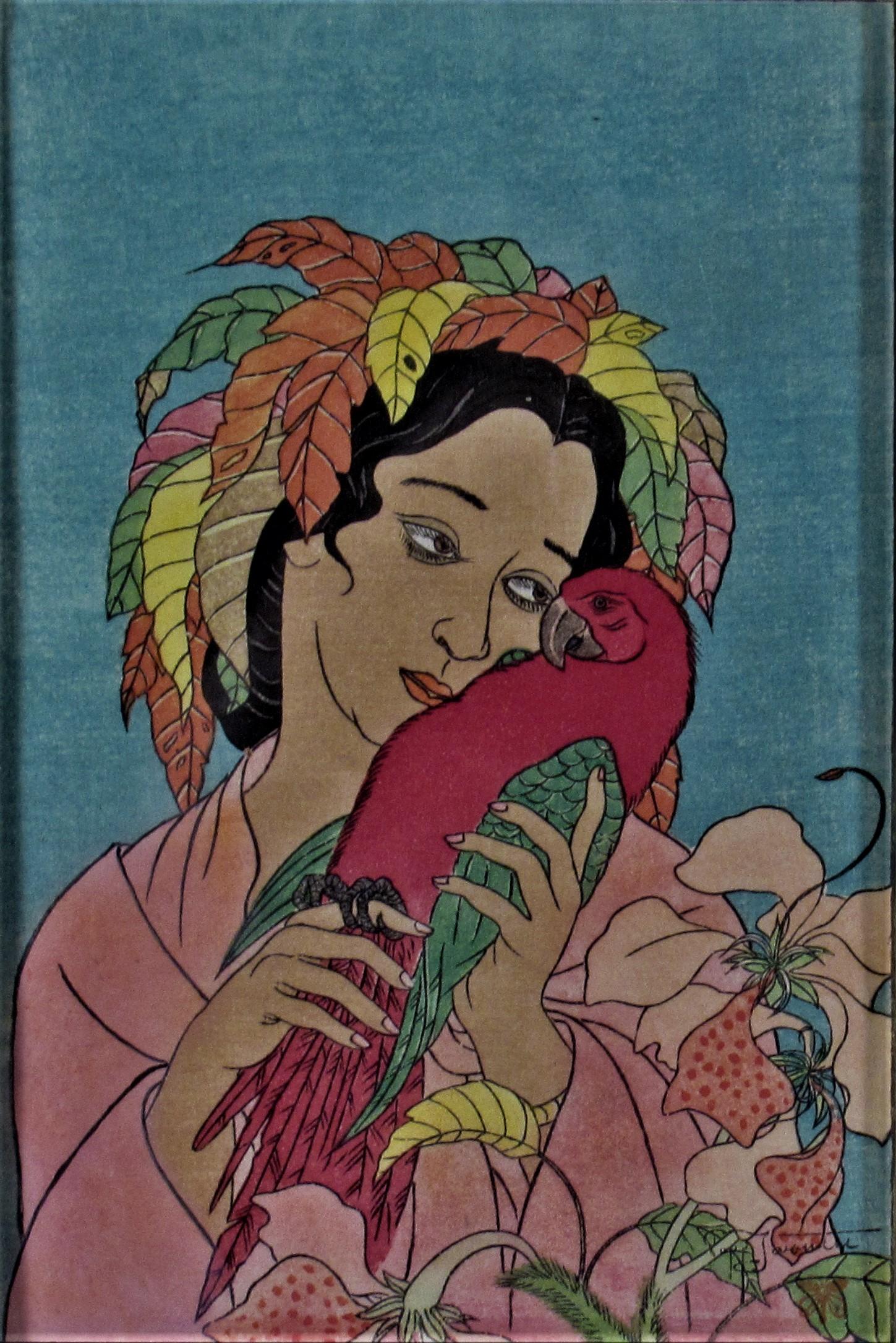 Woman with Parrot - Print by Paul Jacoulet