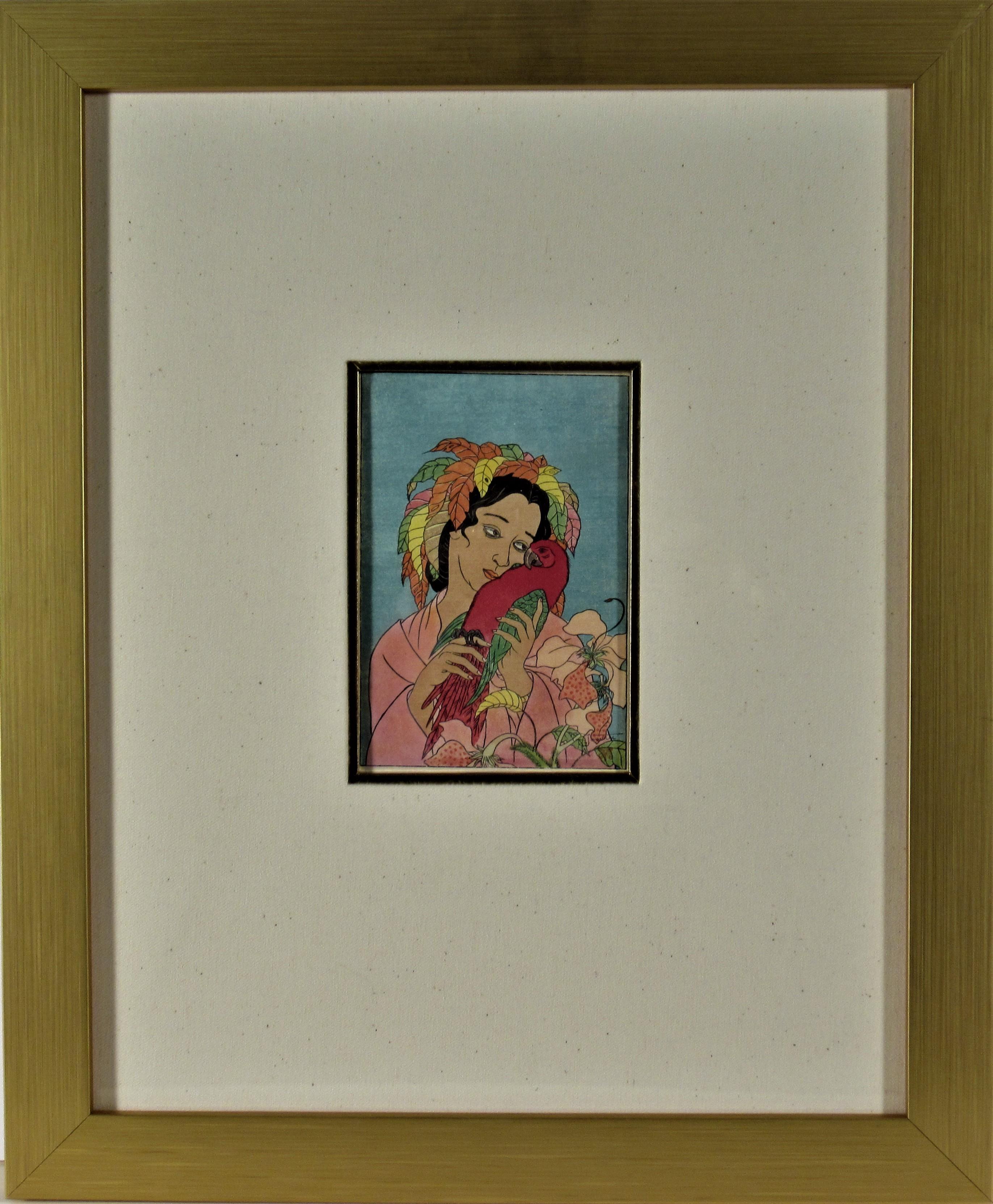 Paul Jacoulet Figurative Print - Woman with Parrot