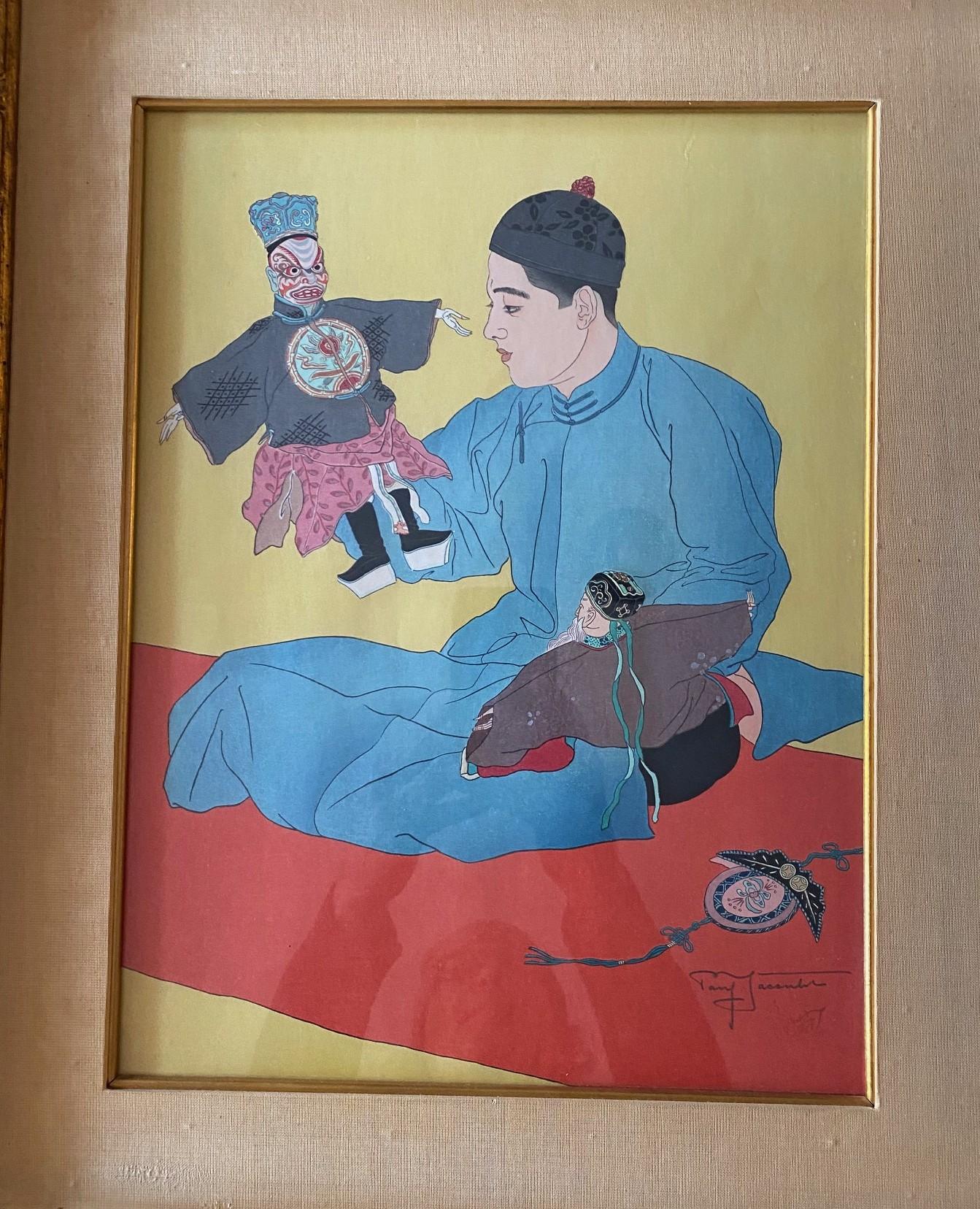 Japonais Impression sur bois japonaise signée Paul Jacoulet Marionettes Chinoises Chinois 1935 en vente