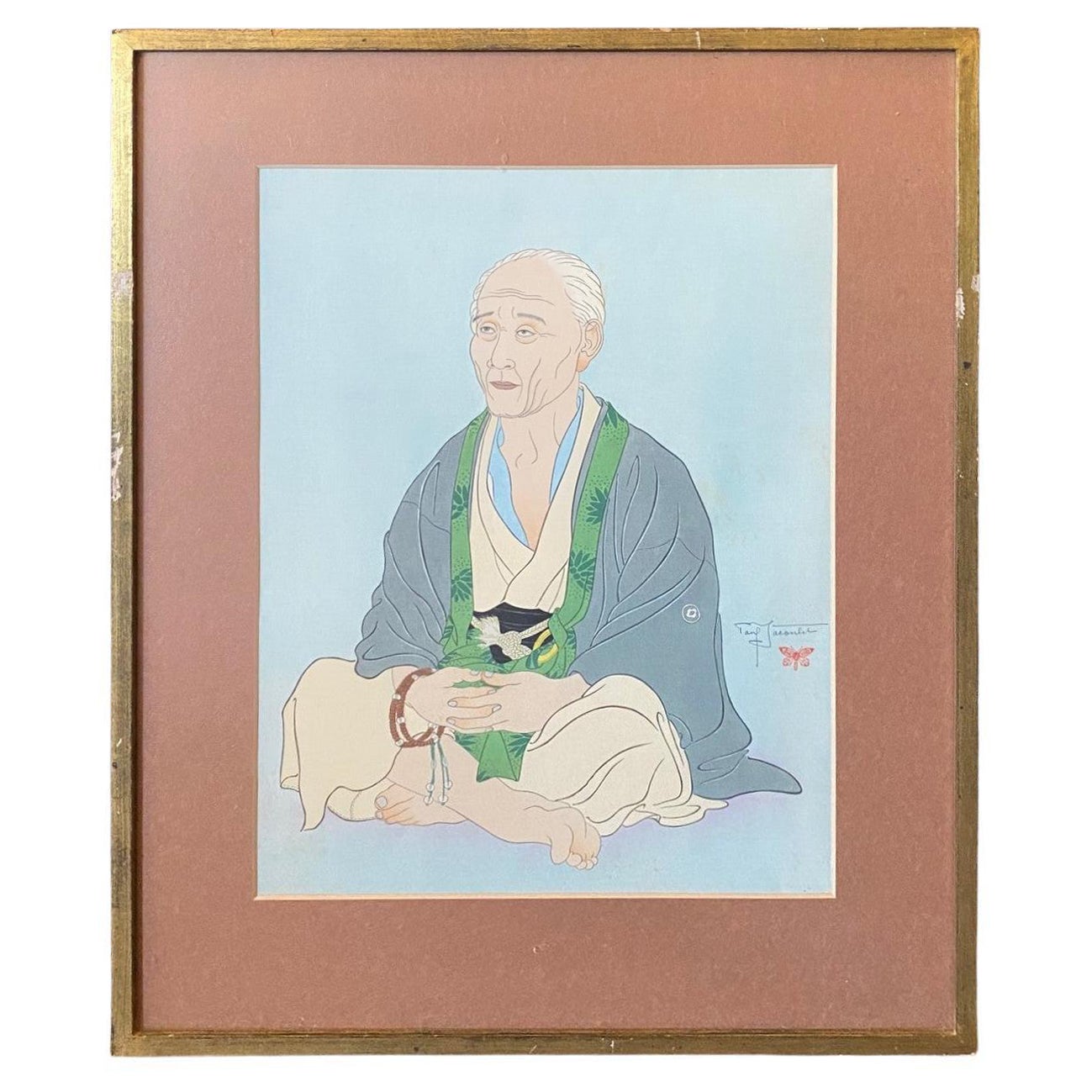 Signierter japanischer Holzschnitt Vieillad Au Chapelet von Paul Jacoulet, Kawadzu, Vieilladzu im Angebot