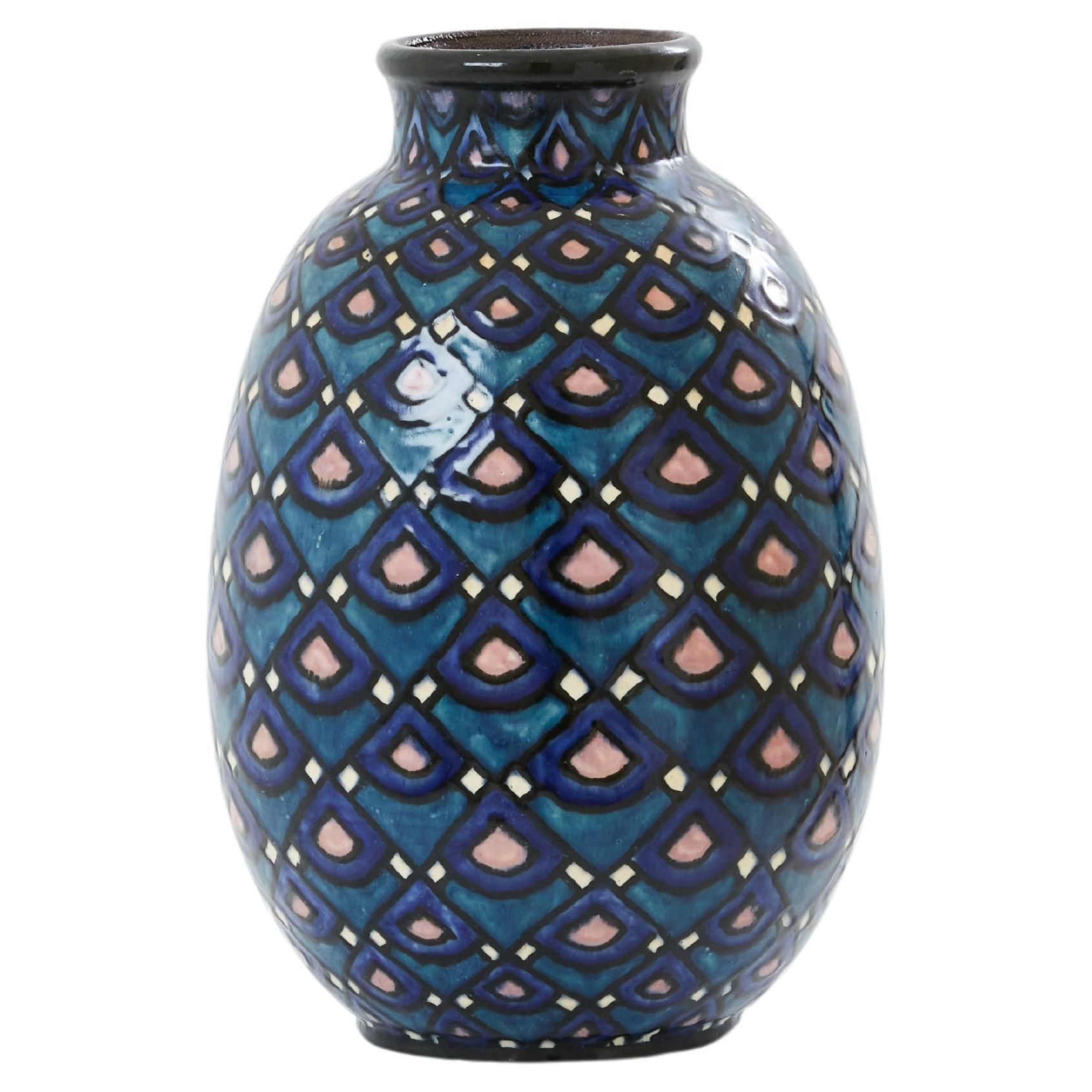Paul Jacquet French Art Deco enameled ceramic vase 1930  For Sale
