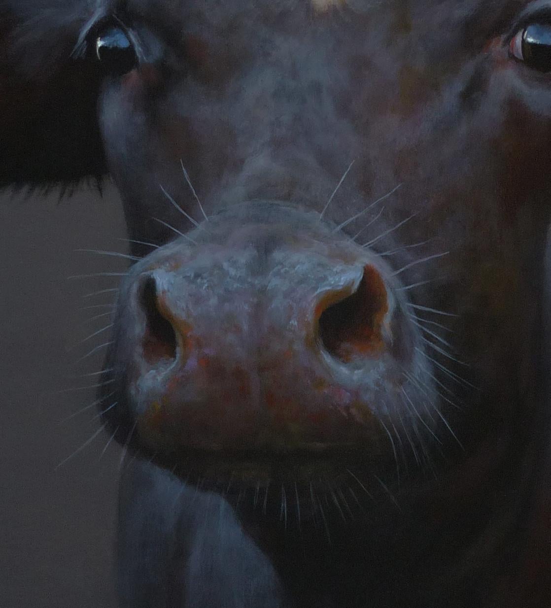 Peinture à l'huile contemporaine néerlandaise de vache noire sur fond vert « Black Cow » - Painting de Paul Jansen