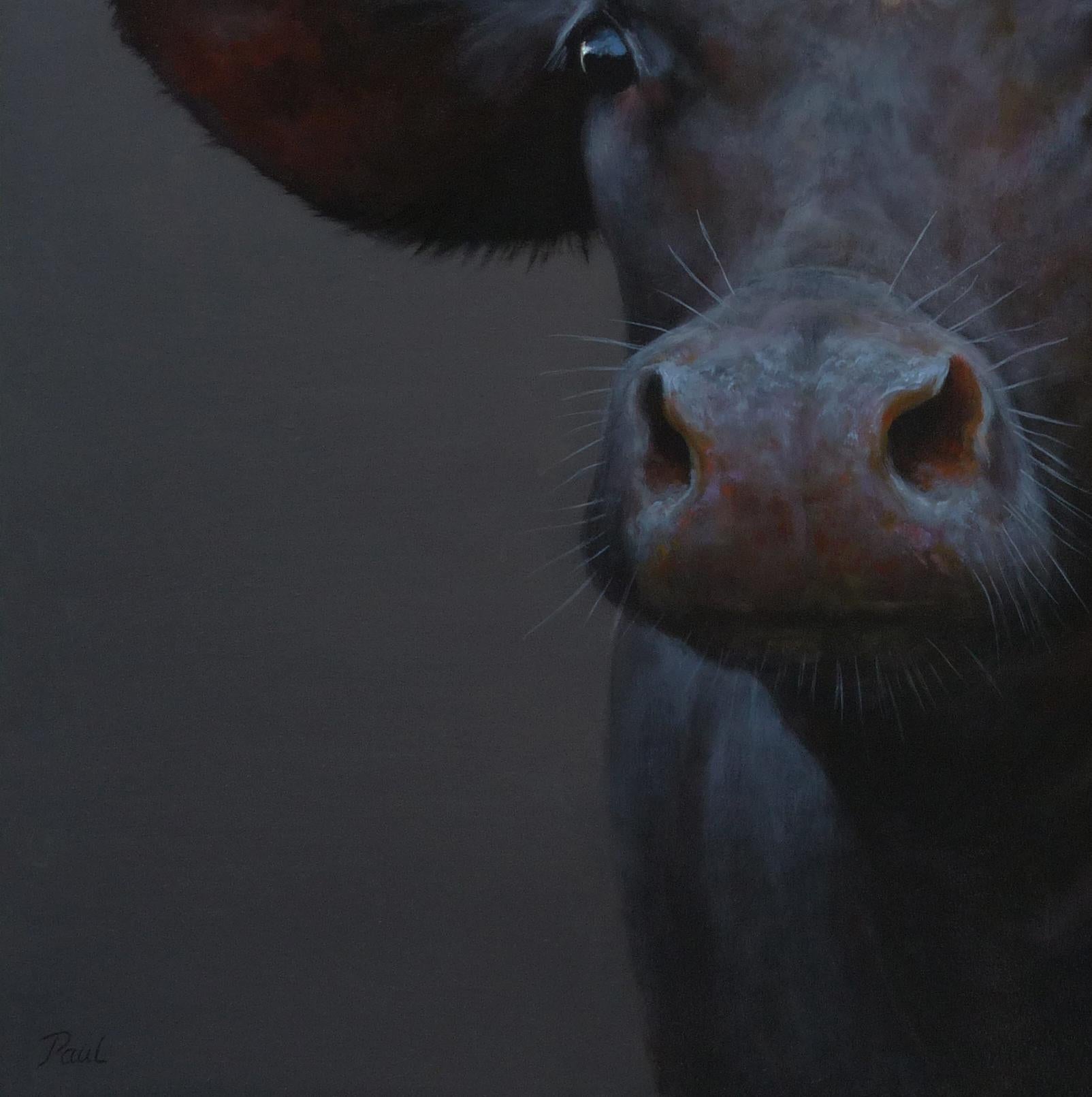 Peinture à l'huile contemporaine néerlandaise de vache noire sur fond vert « Black Cow » - Noir Animal Painting par Paul Jansen