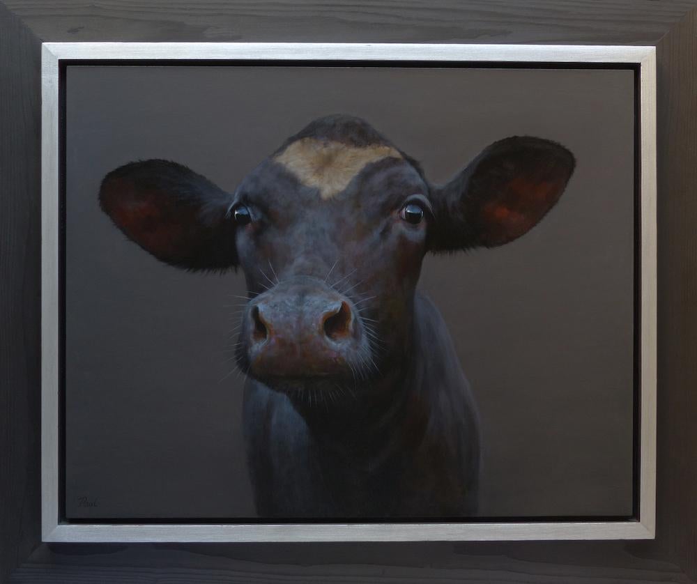 Paul Jansen Animal Painting - "Black Cow" Contemporary Dutch Oil Painting of a Black Cow on a Green Background