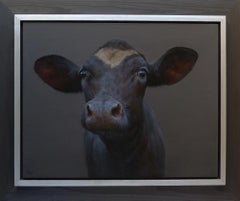 Peinture à l'huile contemporaine néerlandaise de vache noire sur fond vert « Black Cow »