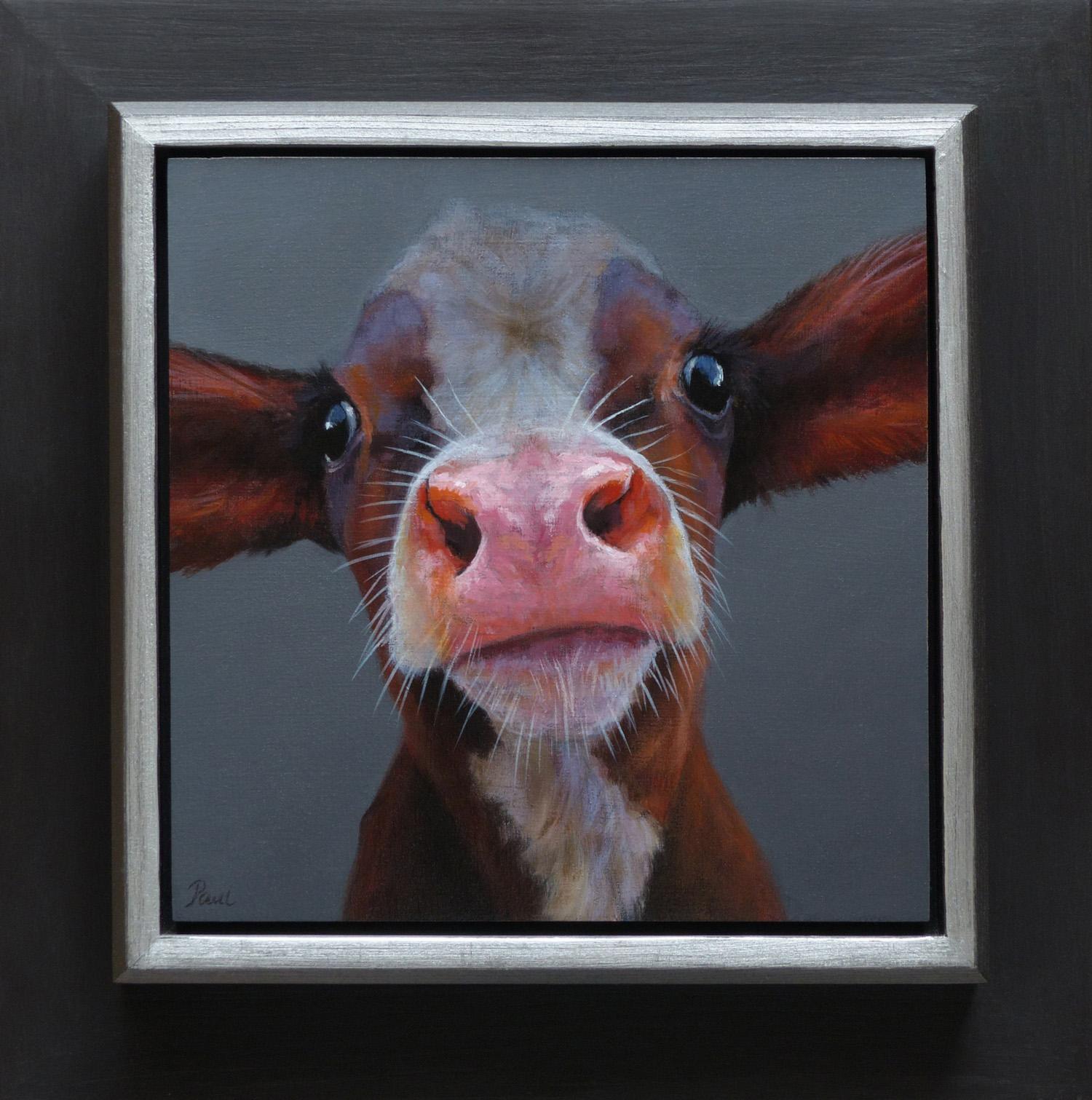 Paul Jansen Figurative Painting - "Brown Calf" Contemporary Dutch Oil Painting of a Dutch Calf, Cow