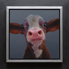 "Veau brun" Peinture à l'huile contemporaine néerlandaise d'un veau brun, vache