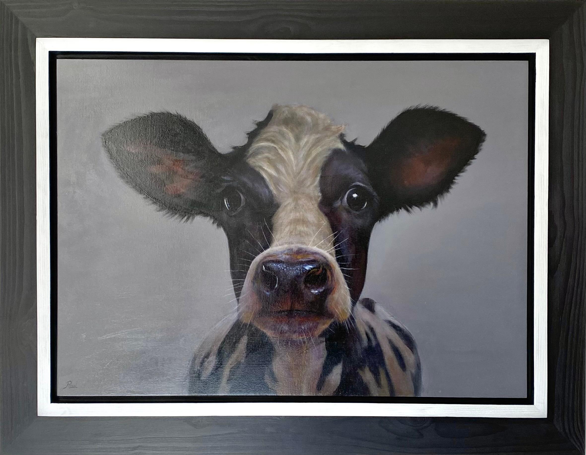 Figurative Painting di Paul Jansen - "Vitello" Pittura ad olio olandese contemporanea che cattura lo spirito giocoso di un vitello
