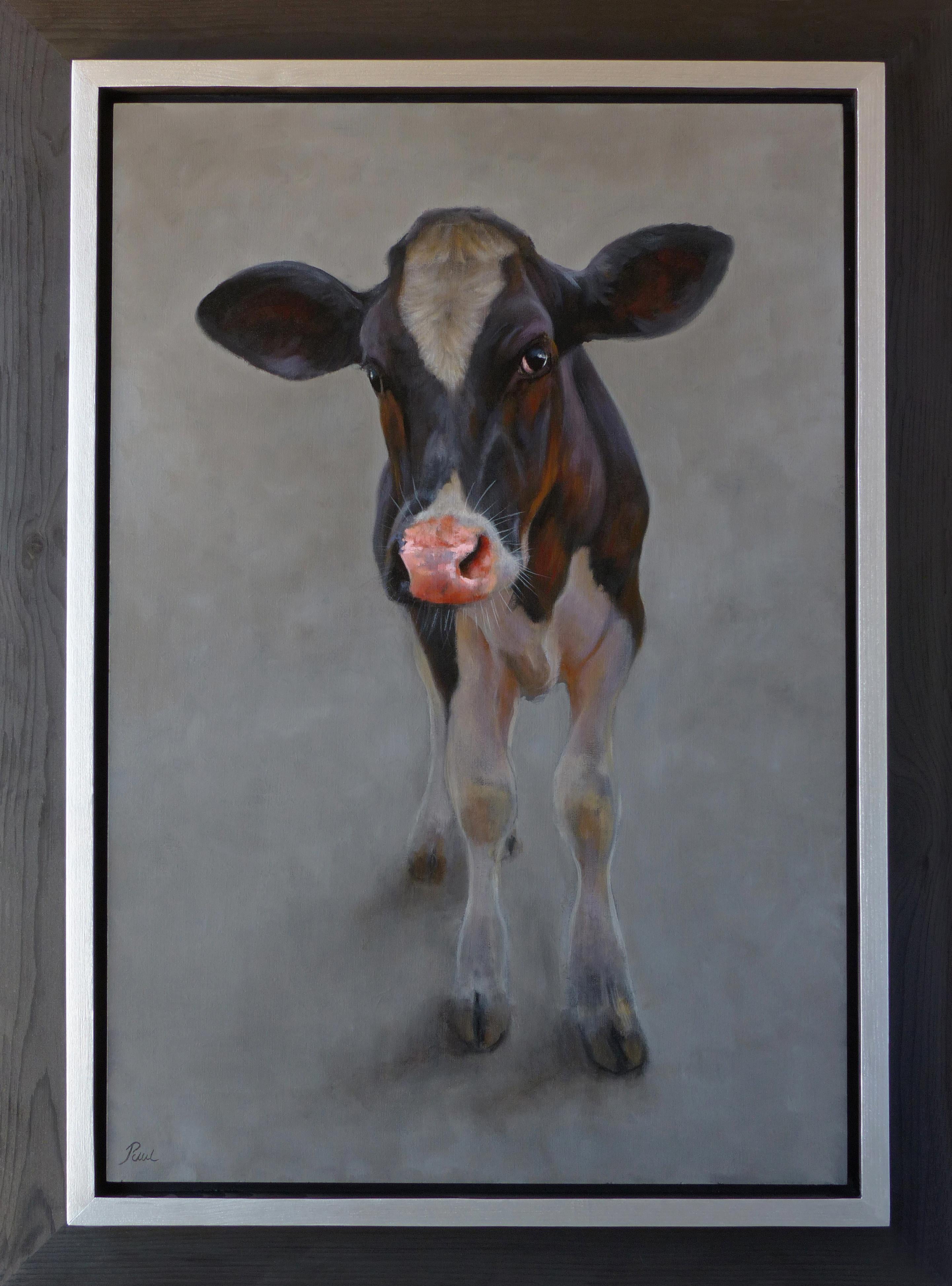 Figurative Painting di Paul Jansen - "Vitello" Pittura ad olio olandese contemporanea di un vitello olandese, mucca