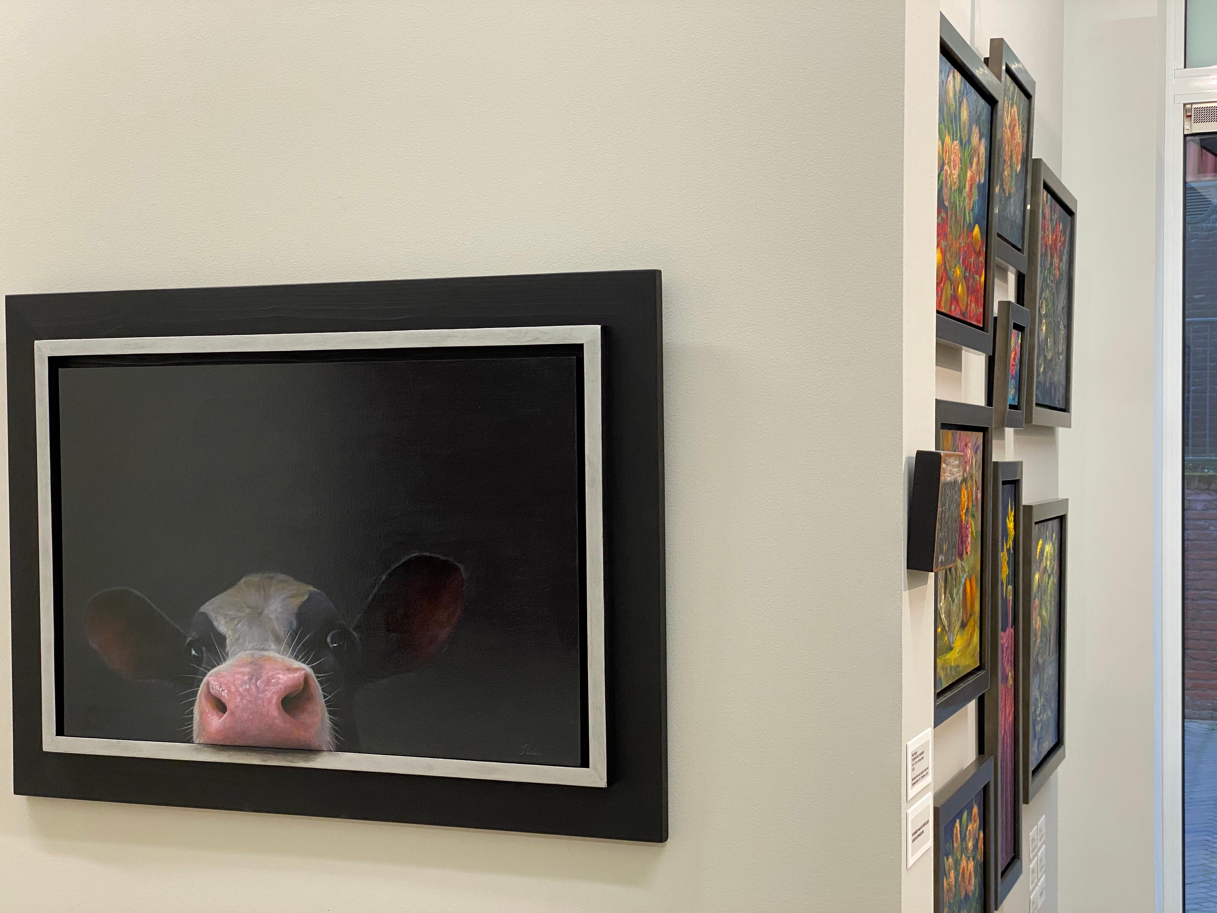 Curious Calf- 21st Century Dutch Contemporary Portrait Painting of a Calf For Sale 1