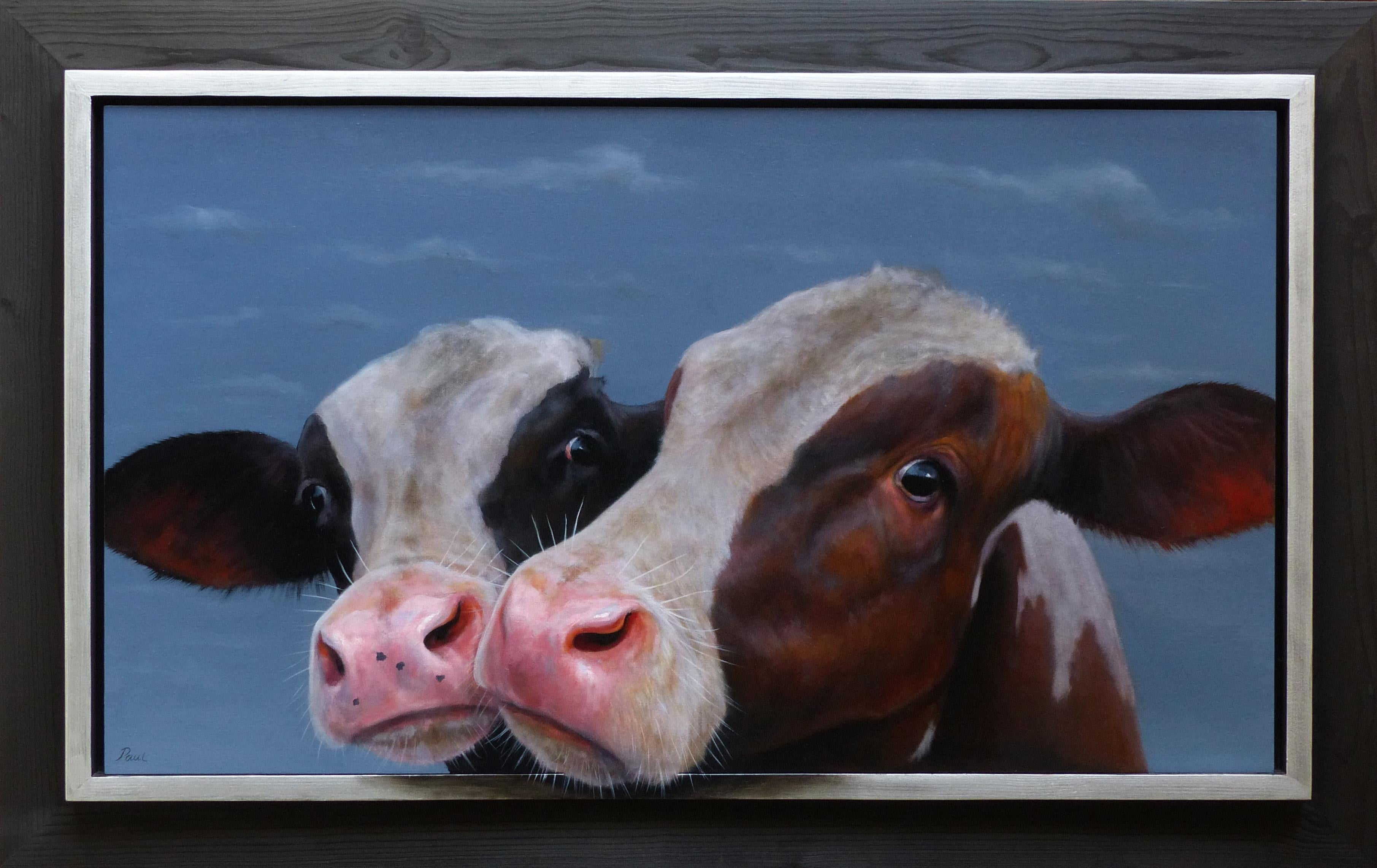 "Double Portrait" Contemporary Dutch Oil Painting of Two Calves, Cow Portrait