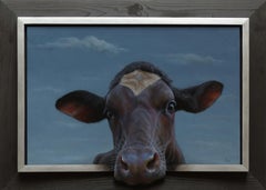 "Hello!" Contemporary Dutch Oil Painting of a Calf, Cow Portrait