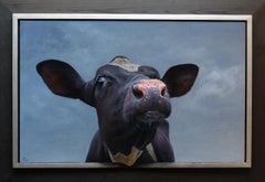 Hi There! -21st Century Contemporary portrait Oil Painting of a Cow 
