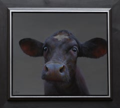 "Little Black Calf" Contemporary Dutch Oil Painting of a Calf, Cow Portrait