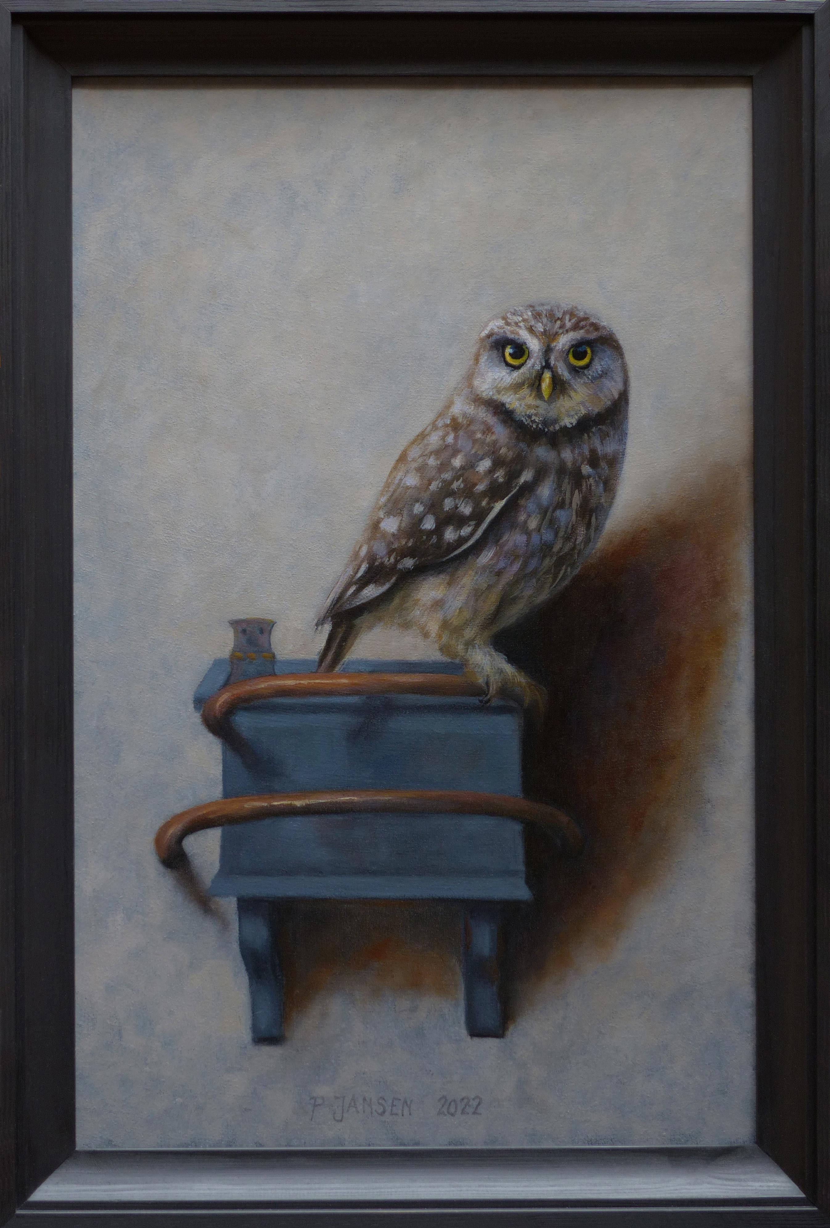 Paul Jansen Animal Painting - "Little Owl" Contemporary Dutch Oil Painting of an Owl inspired by Fabritius