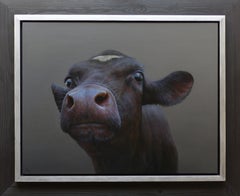 "Portrait 407" Peinture à l'huile contemporaine néerlandaise d'un veau, portrait de vache